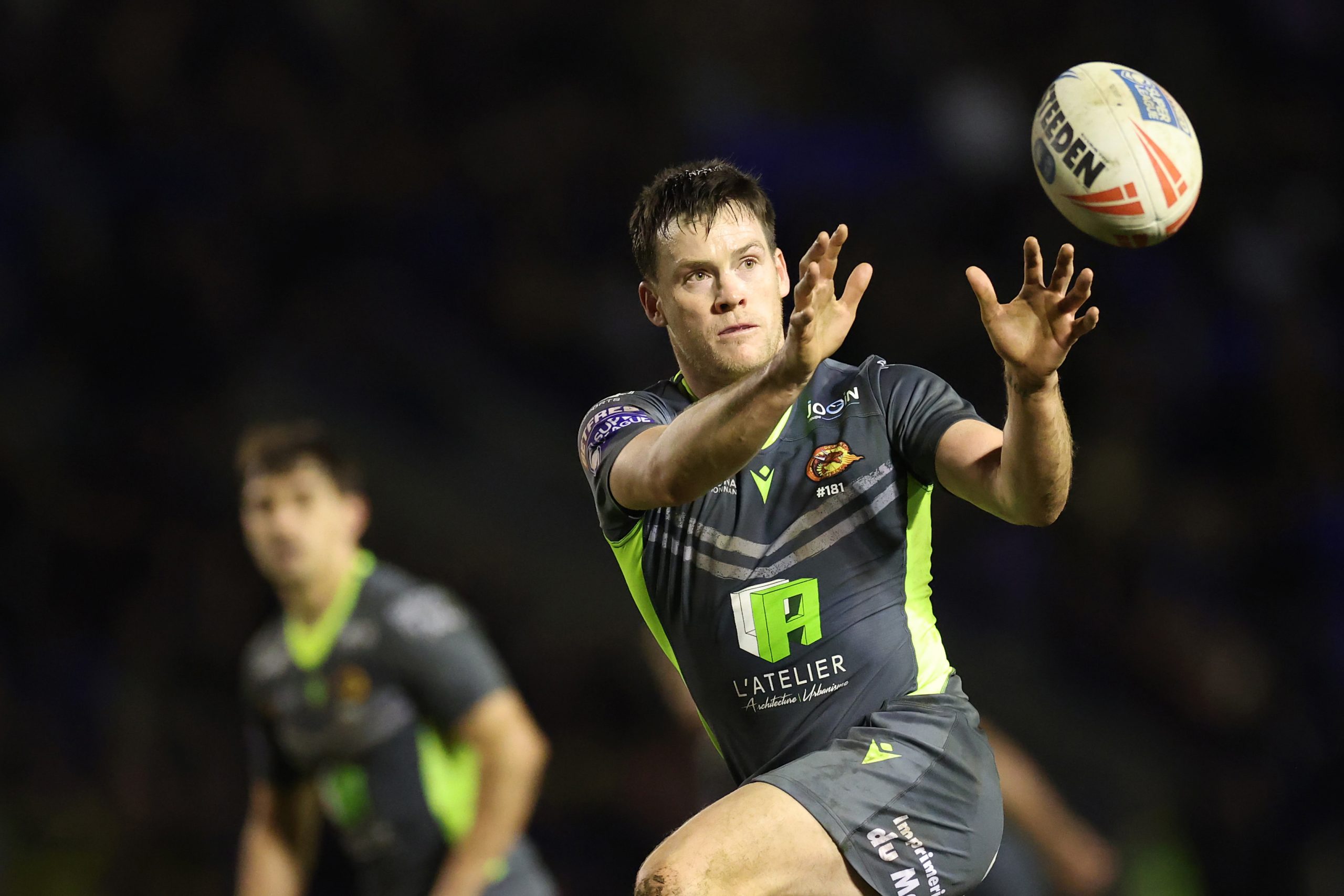 Luke Keary of Catalans Dragons in action during the Betfred Super League match between Warrington Wolves and Catalans Dragons at Luke Littler Stadium on February 21, 2025 in Warrington, England. (Photo by Jan Kruger/Getty Images)