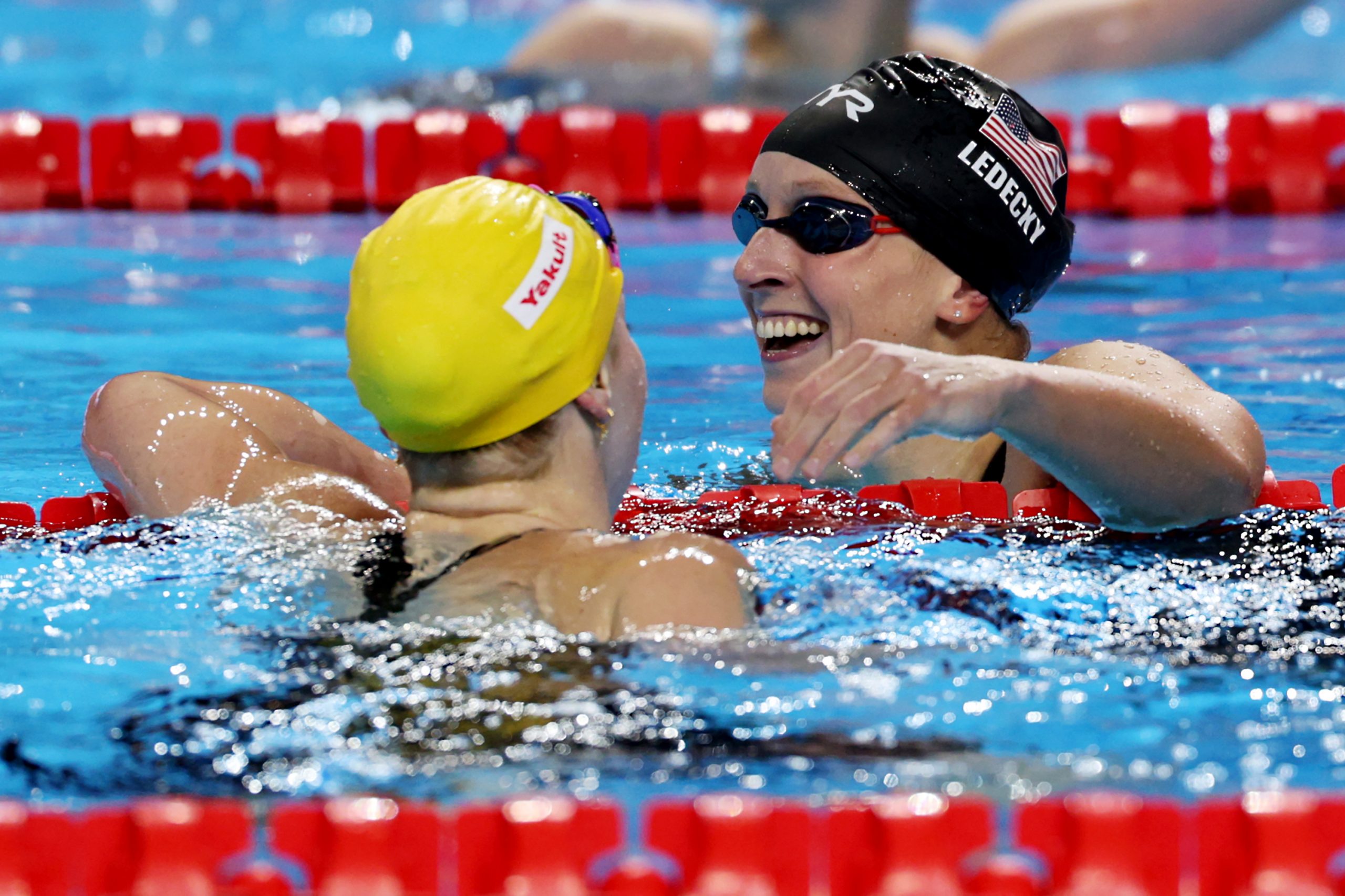 Mollie O'Callaghan and Katie Ledecky pictured after the relay race.