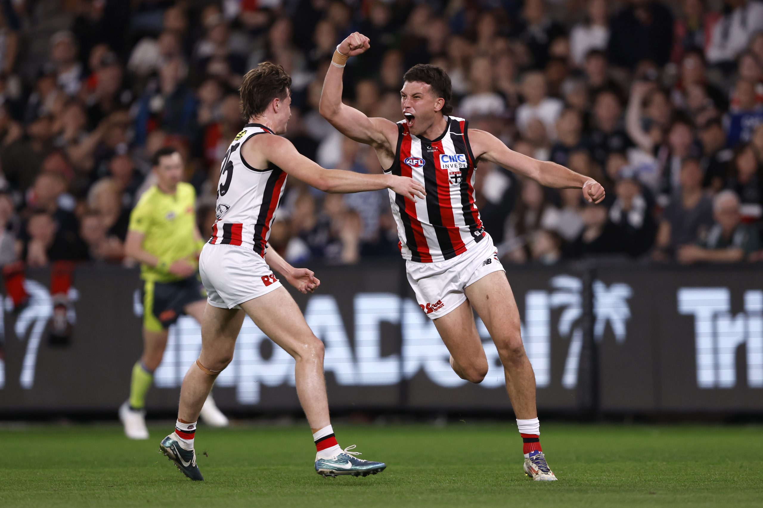 St Kilda's Rowan Marshall celebrates a goal during their round 24 win over the Carlton Blues at Marvel Stadium.
