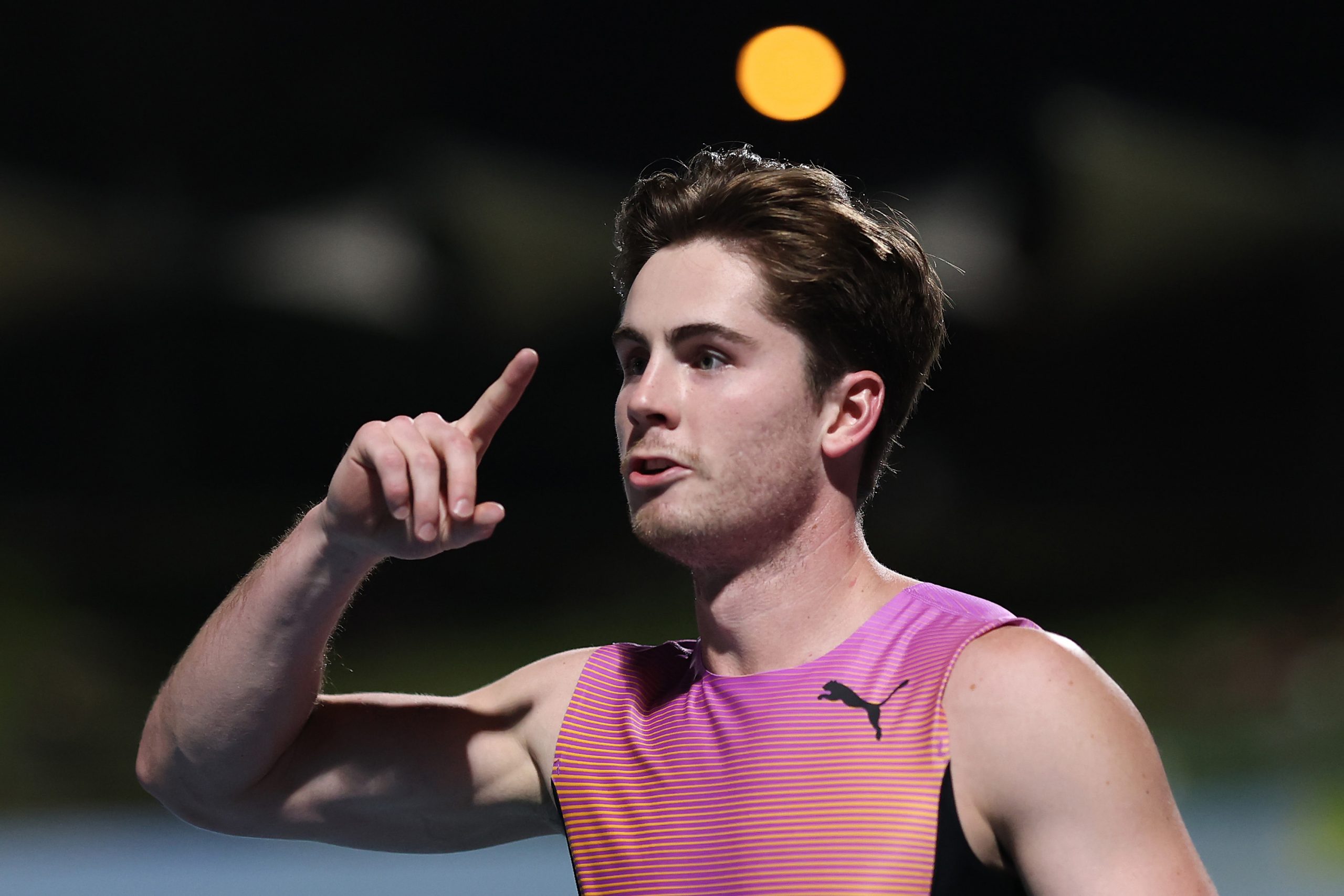 Rohan Browning celebrates winning the men's 100m final at the 2025 Australian athletics championships in Perth.