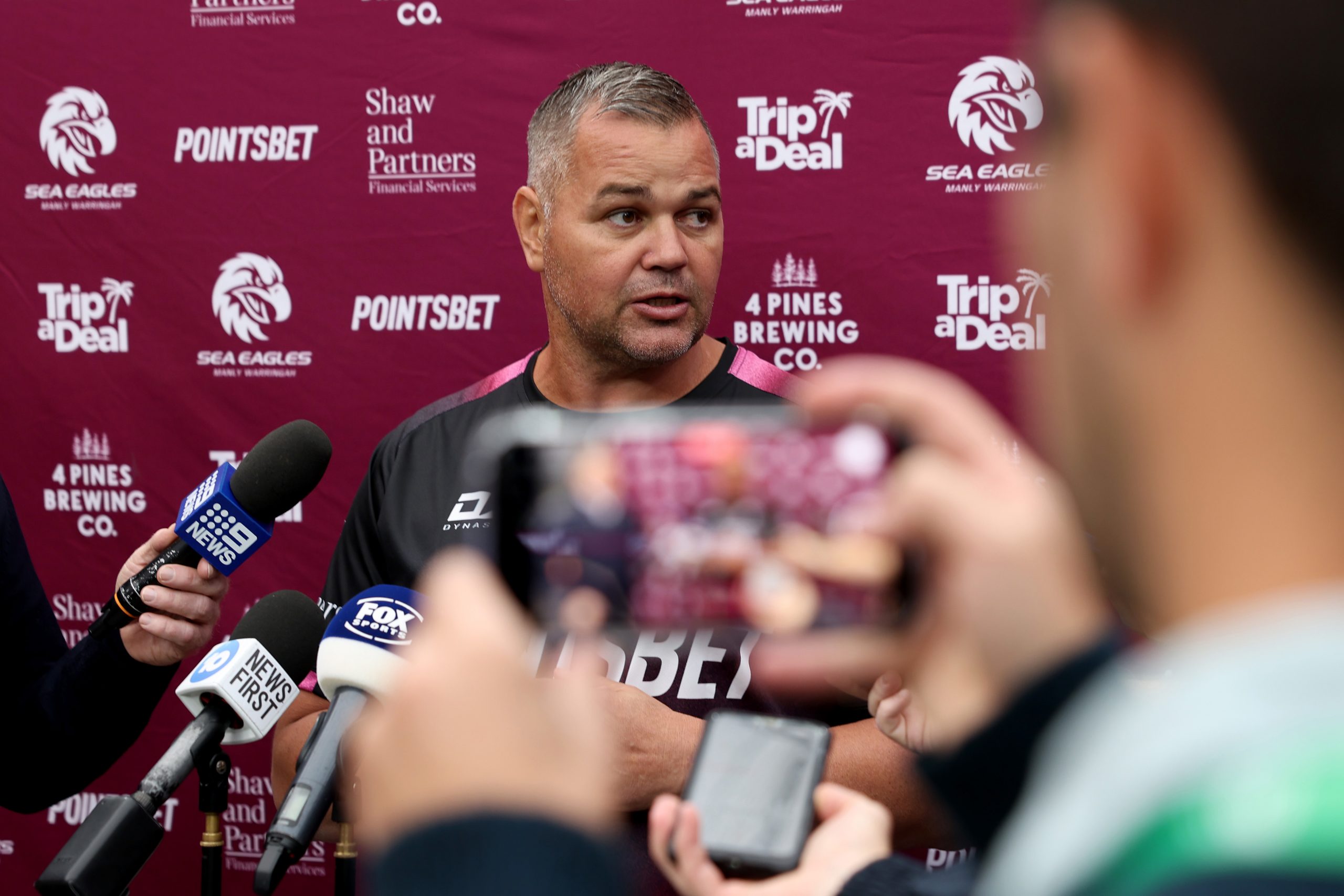 Manly coach Anthony Seibold speaks to media.