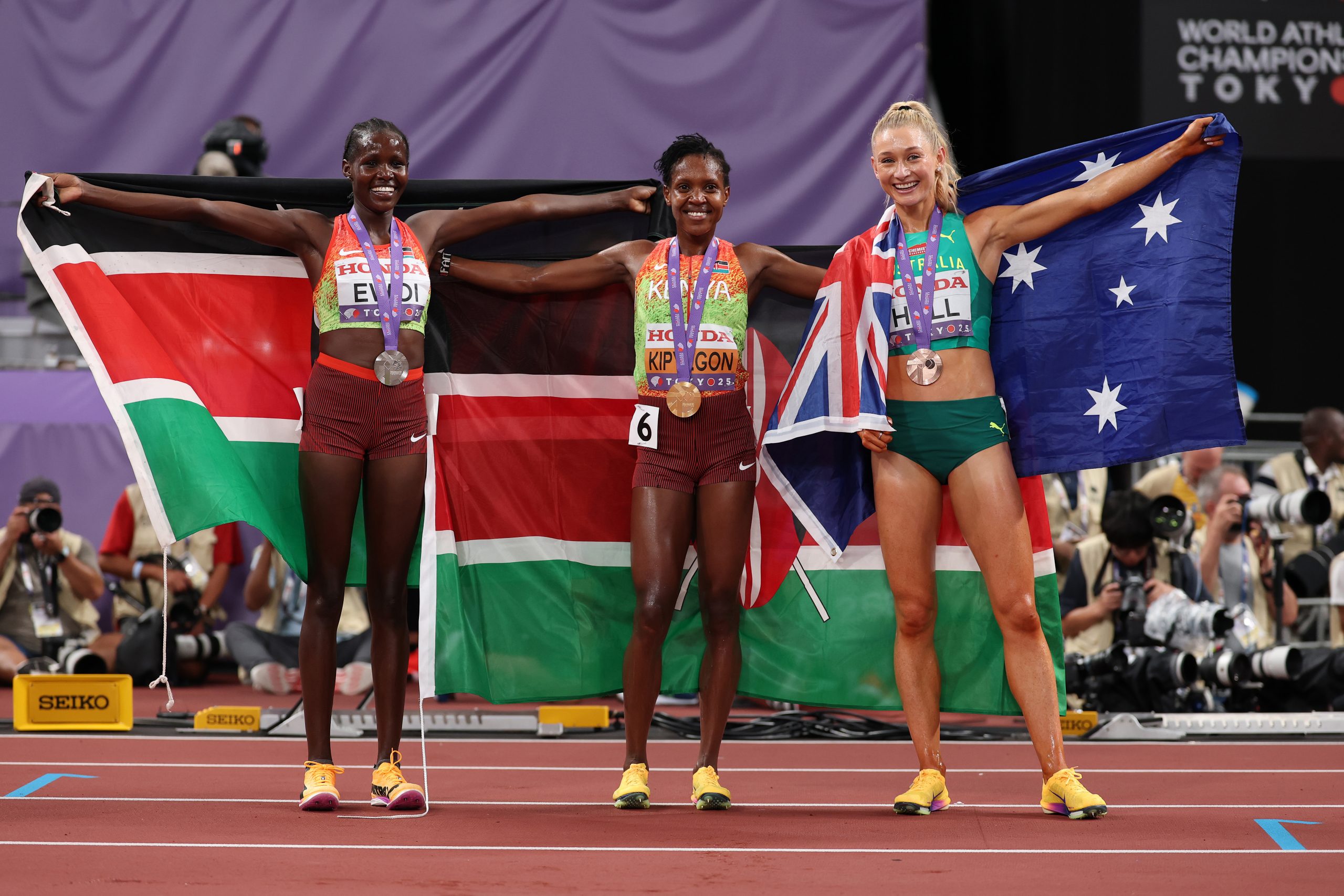 From left to right: Silver medallist Dorcus Ewoi, gold medallist Faith Kipyegon and silver medallist Jessica Hull after the women's 1500m final.