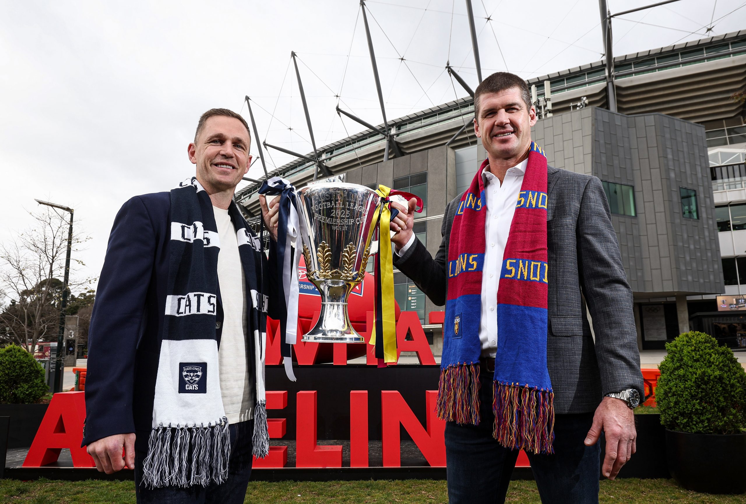 Joel Selwood and Jonathan Brown during the 2025 Premiership Cup Presenters Announcement 