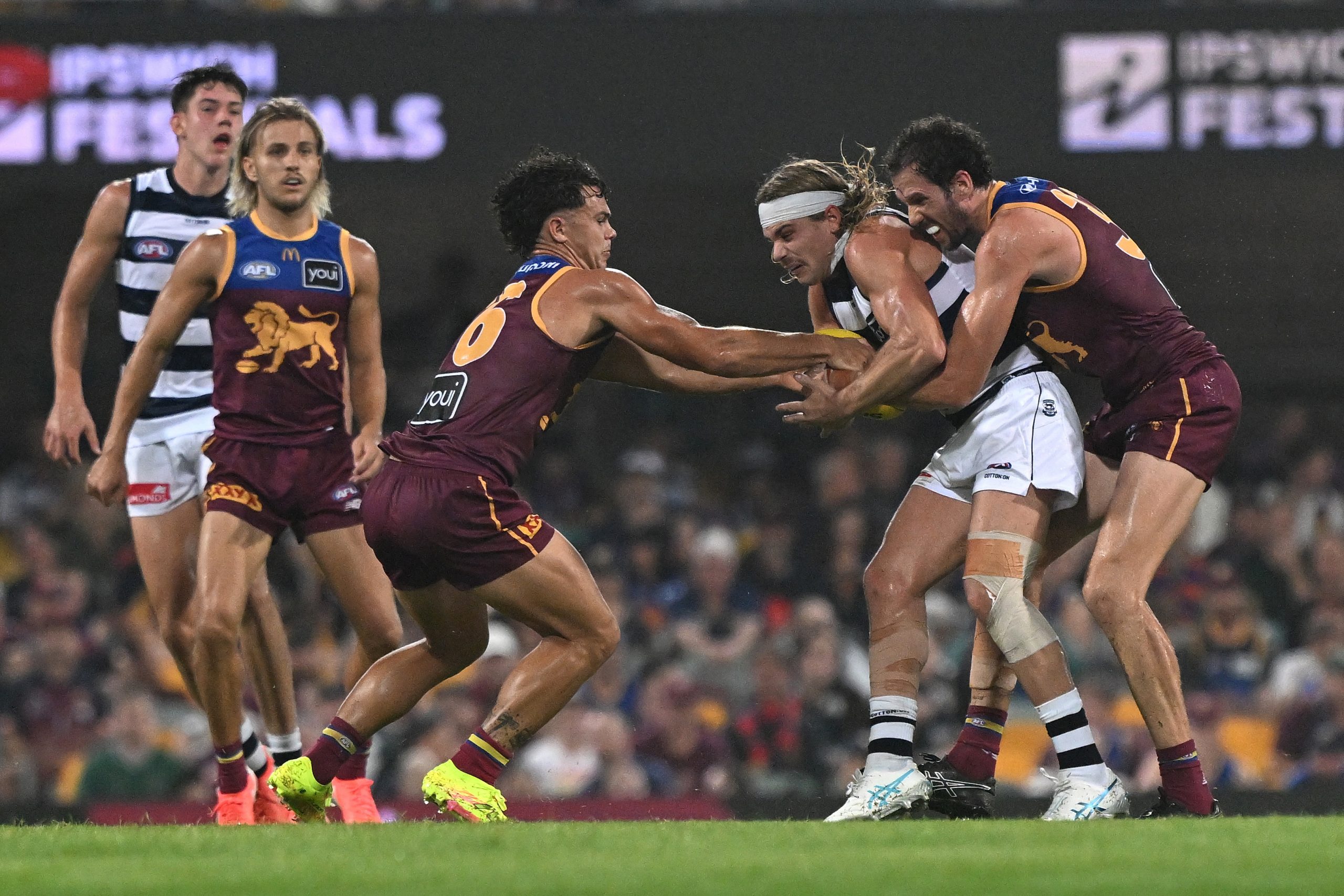 BRISBANE, AUSTRALIA - MARCH 29: during the round three AFL match between Brisbane Lions and Geelong Cats at The Gabba, on March 29, 2025, in Brisbane, Australia. (Photo by Bradley Kanaris/Getty Images)