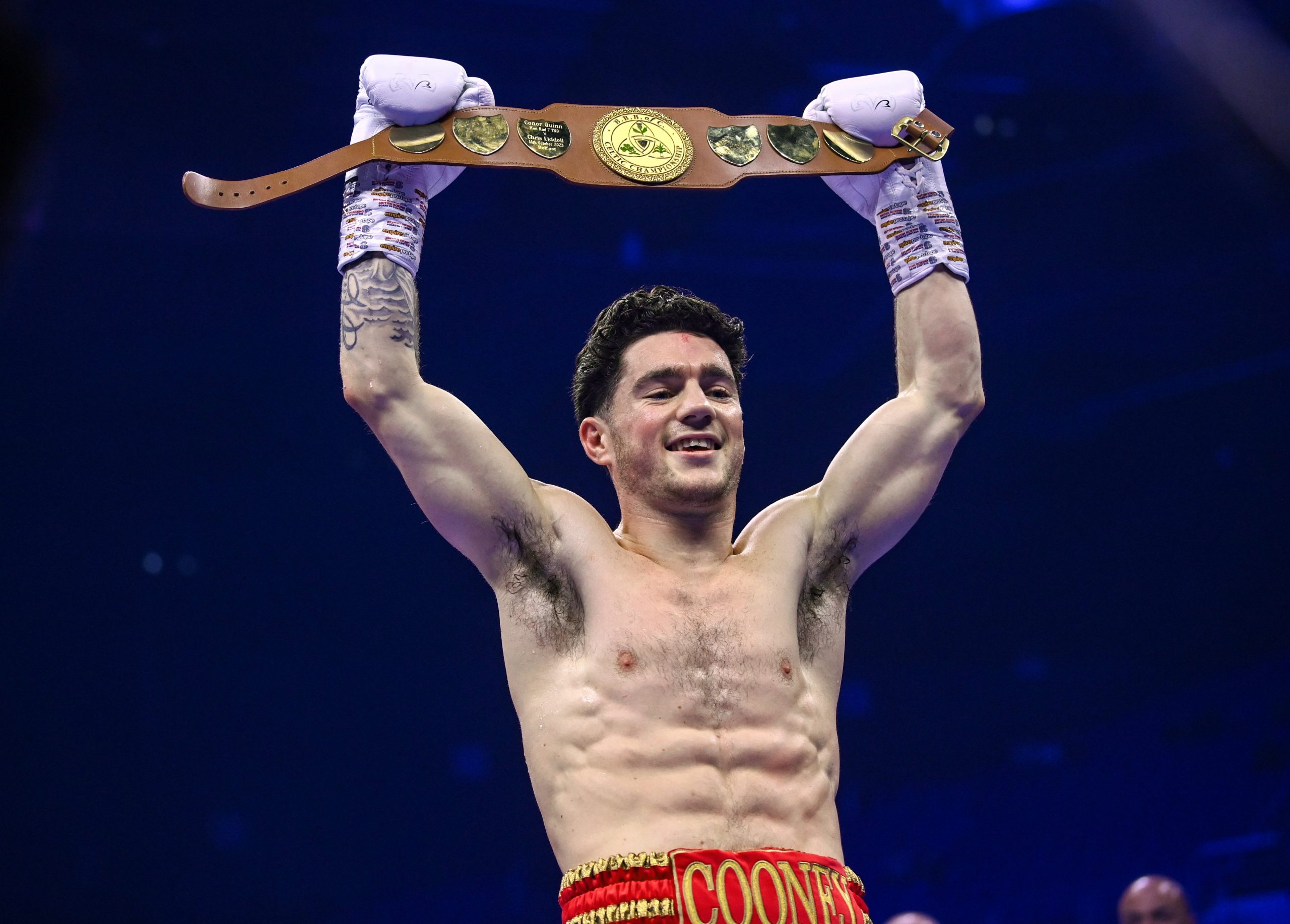 John Cooney is declared victorious over Liam Gaynor in their BBBC Celtic super-featherweight bout at the 3Arena in Dublin on 25 November 2023 (Photo By Stephen McCarthy/Sportsfile via Getty Images)