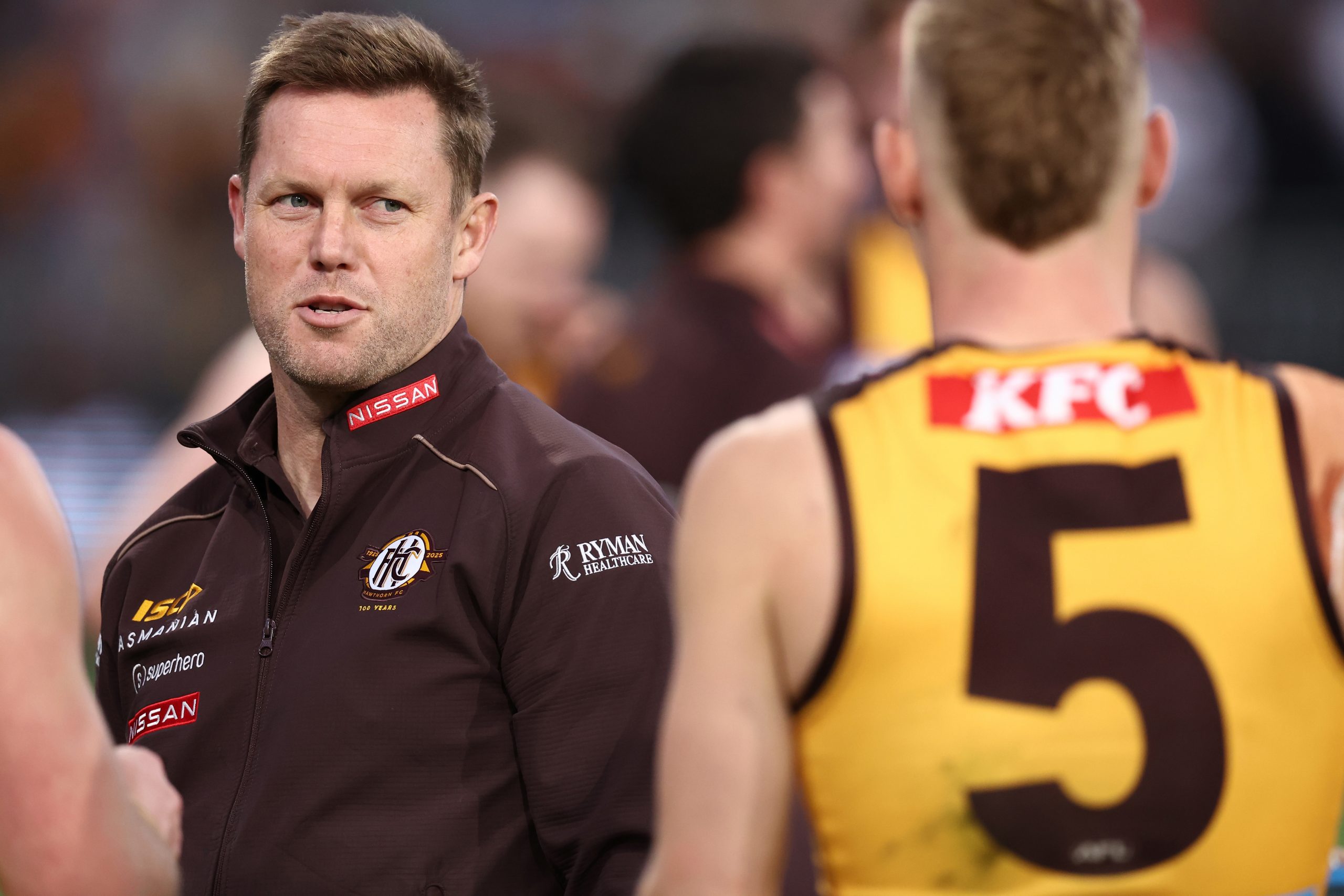 Sam Mitchell chatting to James Worpel.