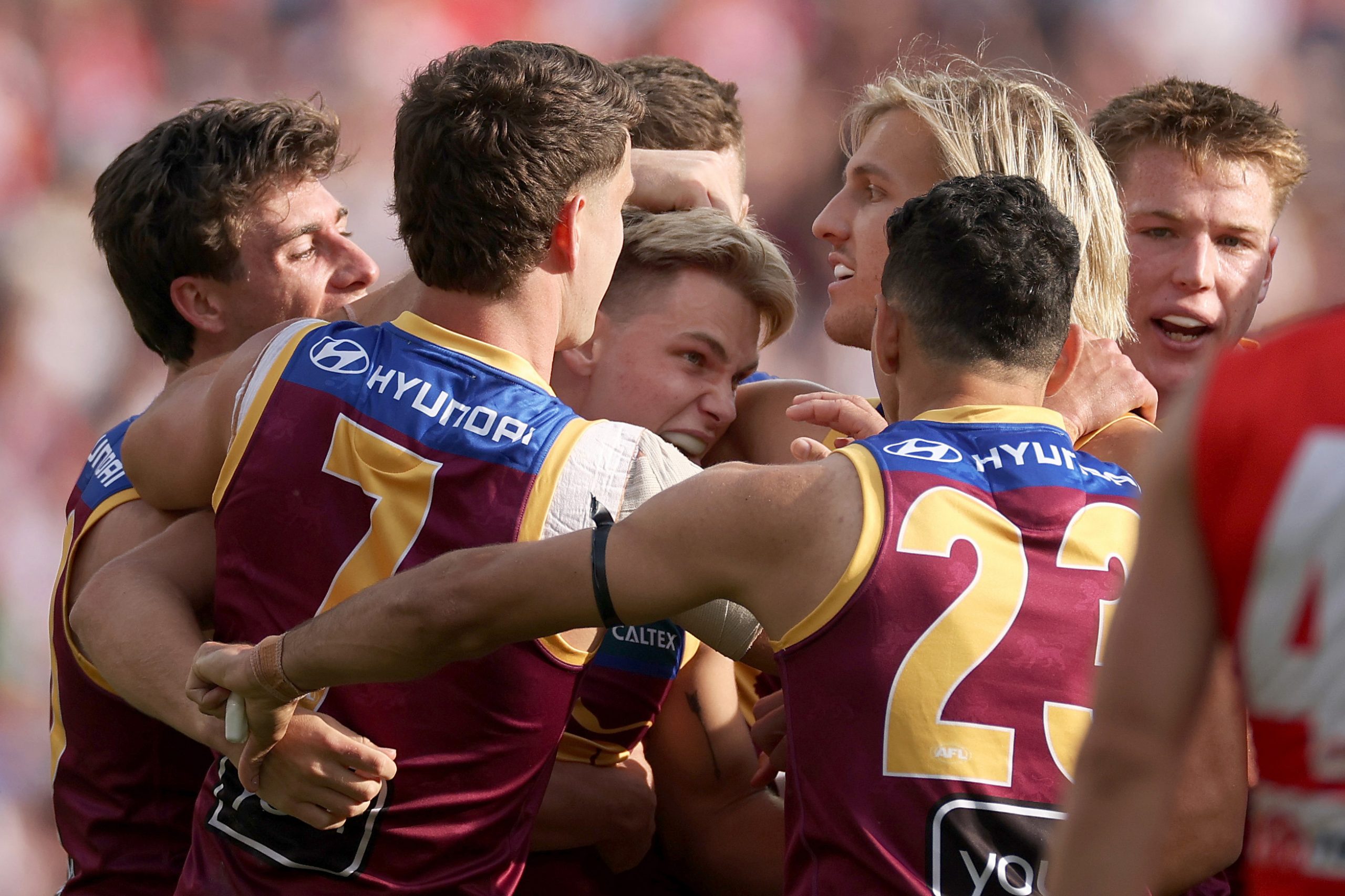 Will Ashcroft of the Lions celebrates kicking a goal during the AFL Grand Final match between Sydney Swans and Brisbane Lions at Melbourne Cricket Ground, on September 28, 2024, in Melbourne, Australia. (Photo by Daniel Pockett/AFL Photos/Getty Images)