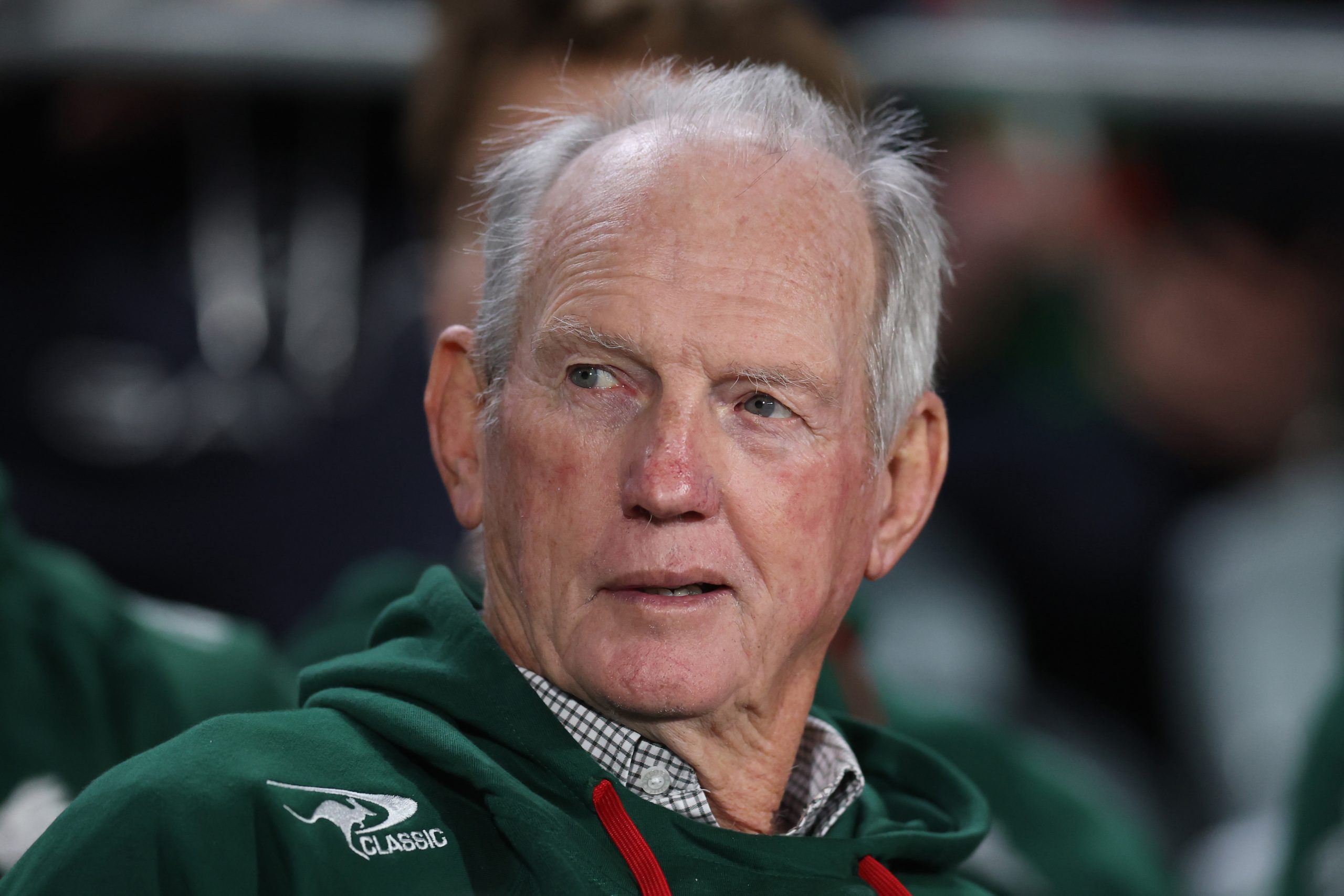 GOSFORD, AUSTRALIA - JULY 26: Rabbitohs coach Wanye Bennett looks on during the round 21 NRL match between Rabbitohs and Sharks at Industree Group Stadium, on July 26, 2025, in Gosford, Australia. (Photo by Scott Gardiner/Getty Images)