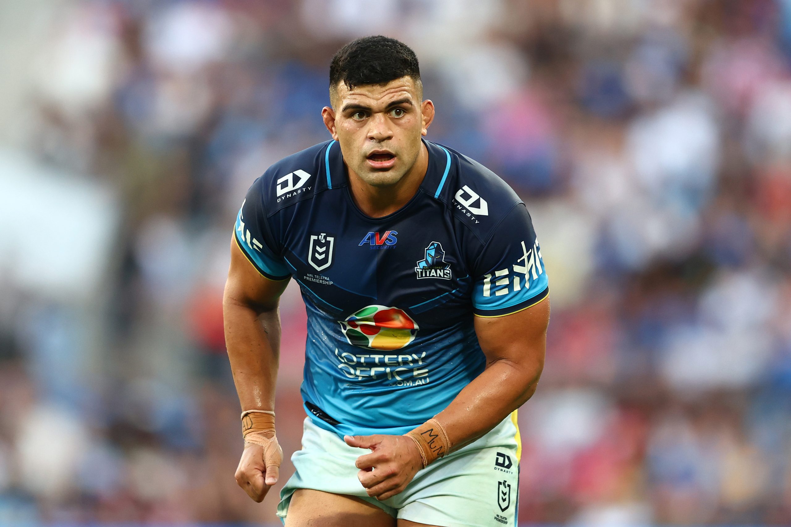 GOLD COAST, AUSTRALIA - APRIL 05: David Fifita of the Titans looks on during the round five NRL match between Gold Coast Titans and Dolphins at Cbus Super Stadium, on April 05, 2025, in Gold Coast, Australia. (Photo by Chris Hyde/Getty Images)