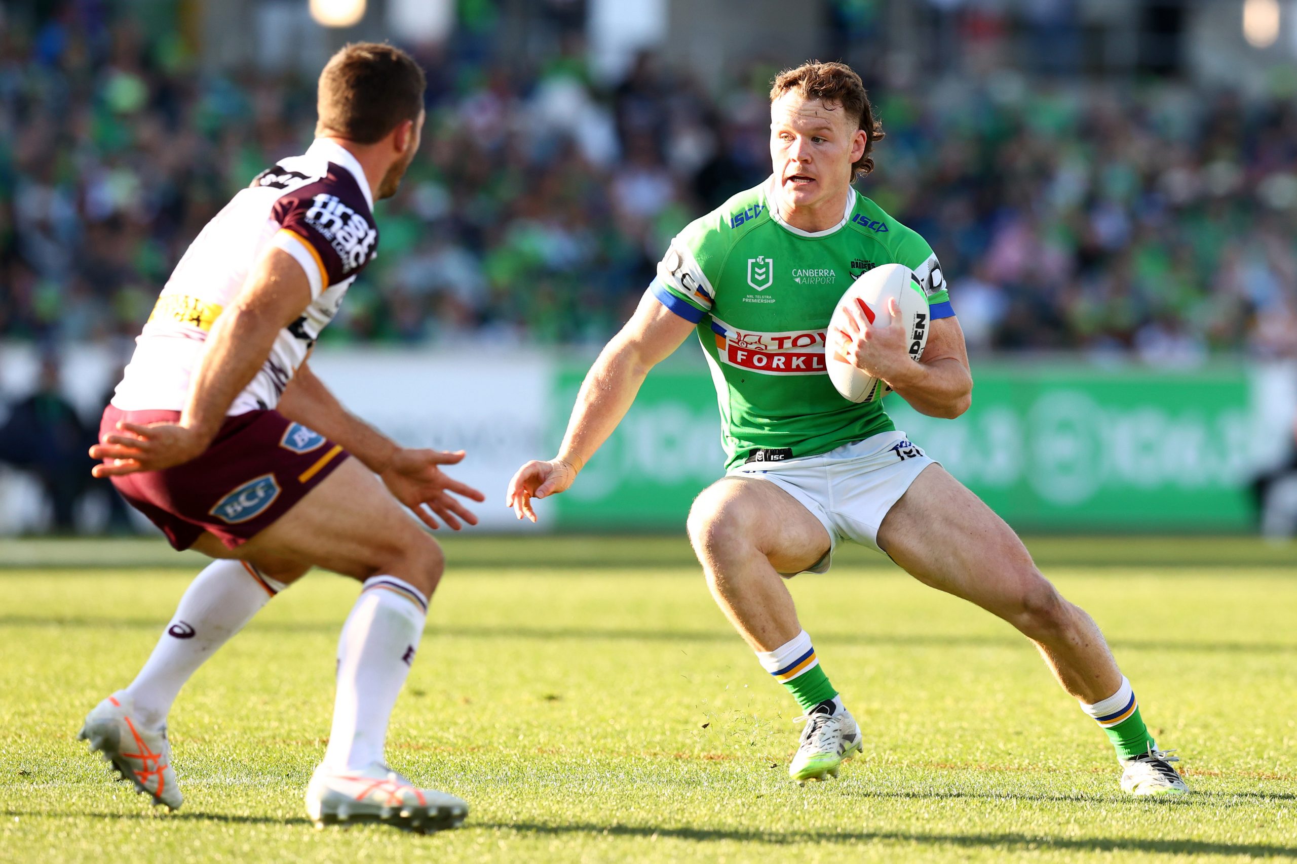 Canberra five-eighth Ethan Strange in action against Brisbane.