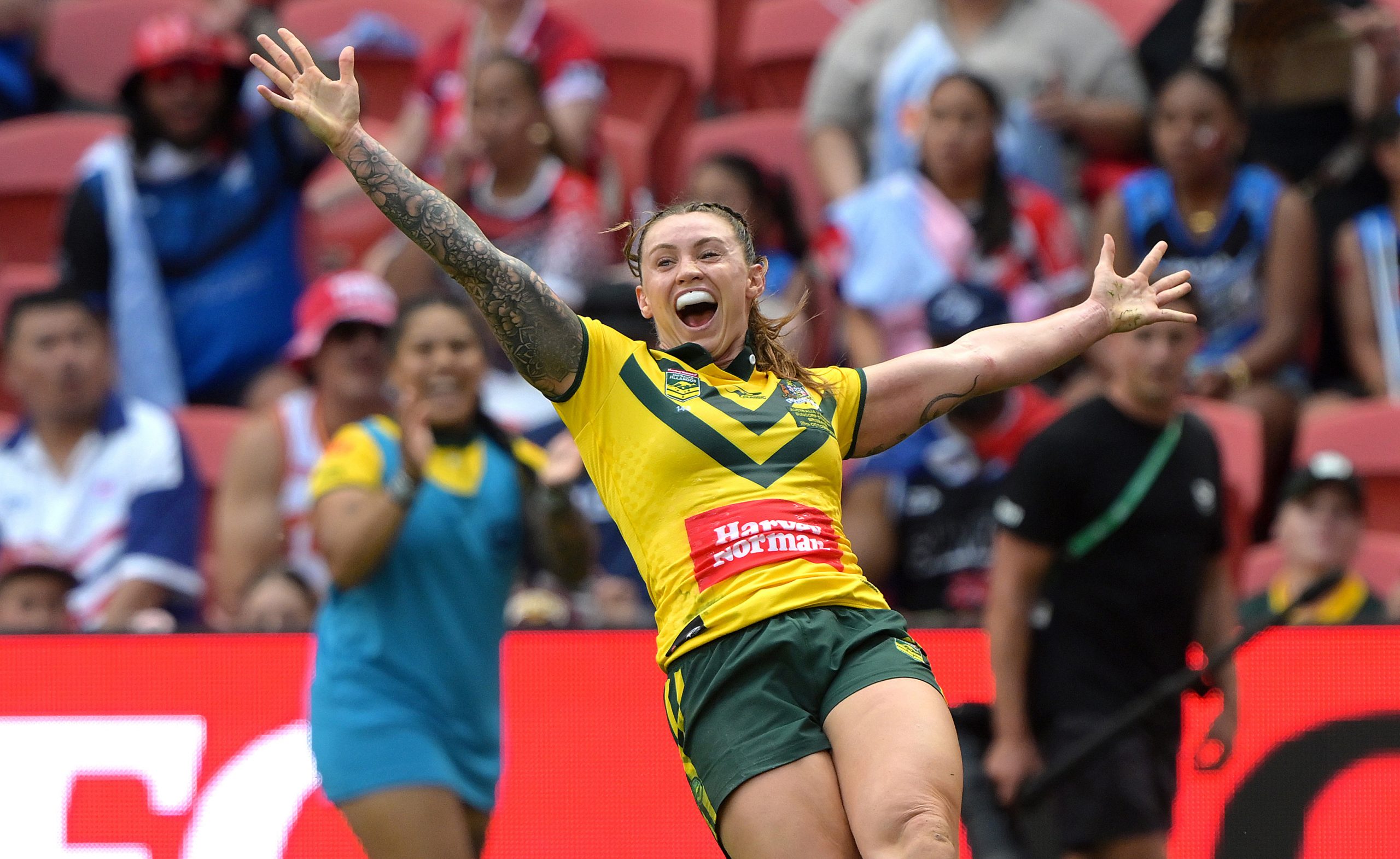 Julia Robinson of the Jillaroos celebrates her try against Fetu Samoa in the Women's Pacific Championships.