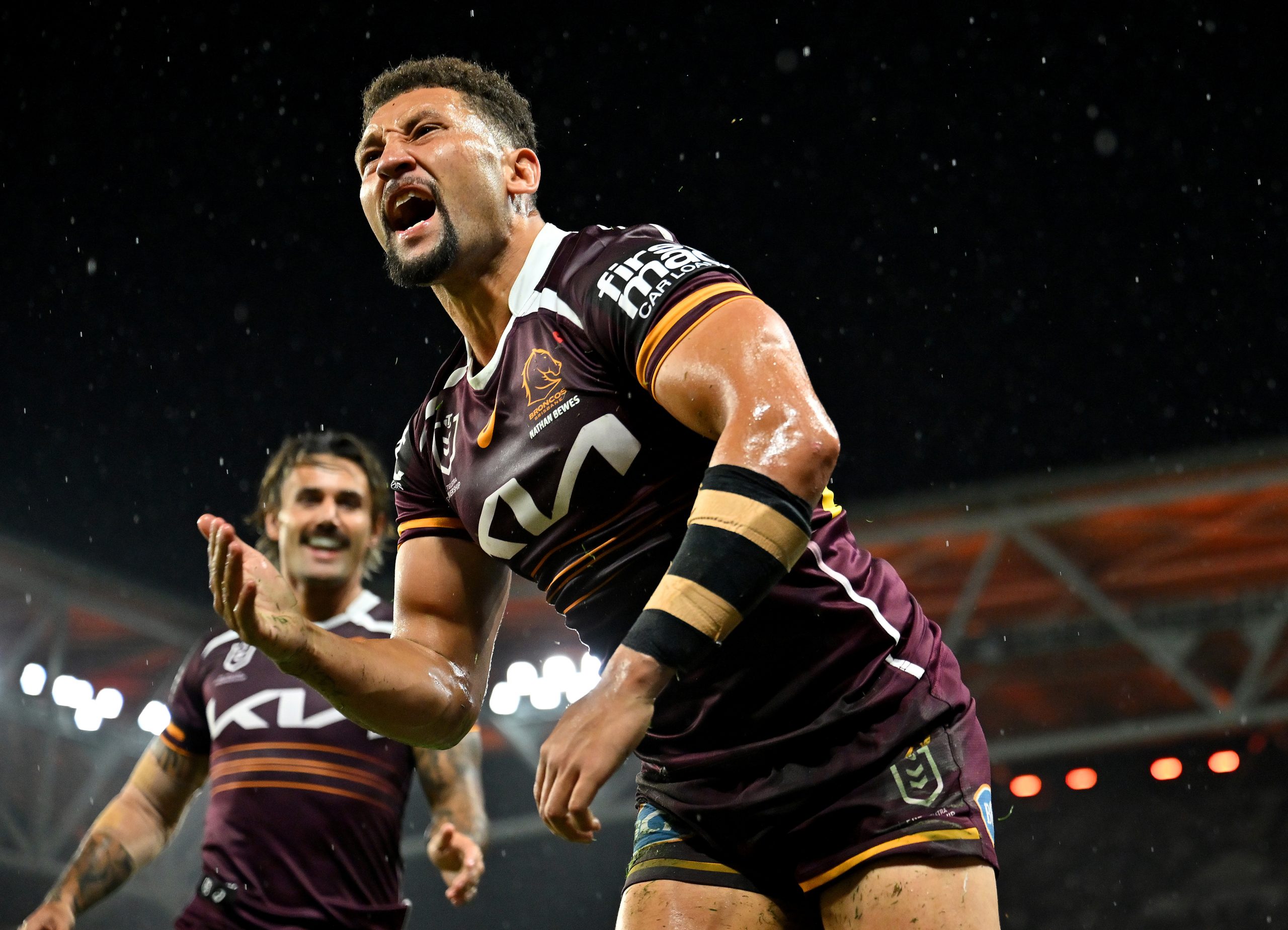 Gehamat Shibasaki of the Broncos celebrates scoring a try during the round eight NRL match between Brisbane Broncos and Canterbury Bulldogs at Suncorp Stadium, on April 24, 2025, in Brisbane, Australia. (Photo by Albert Perez/Getty Images)