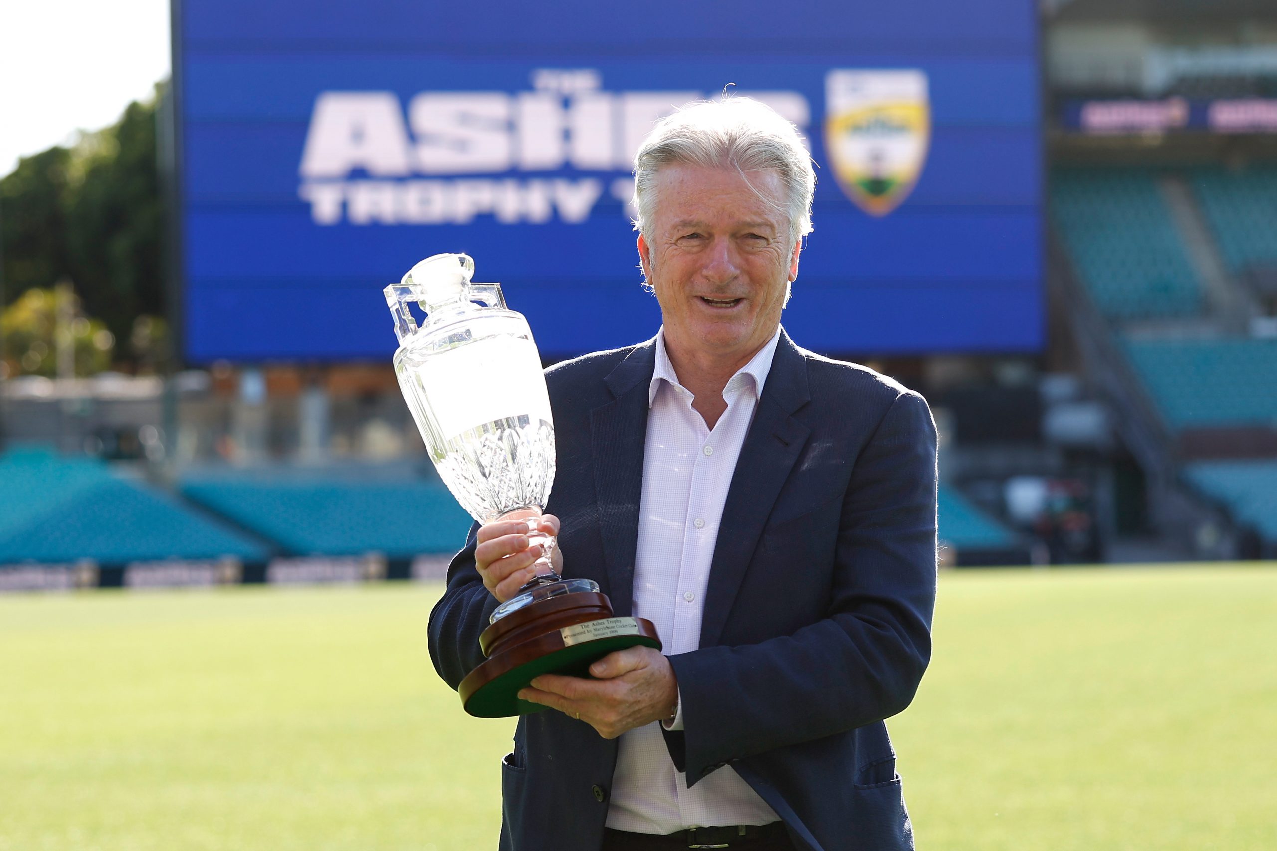 SYDNEY, AUSTRALIA - NOVEMBER 05: Steve Waugh delivers the MCC Waterford Crystal trophy during the Ashes Trophy Tour Media Opportunity at the Sydney Cricket Ground on November 05, 2025 in Sydney, Australia. (Photo by Brendon Thorne/Getty Images)