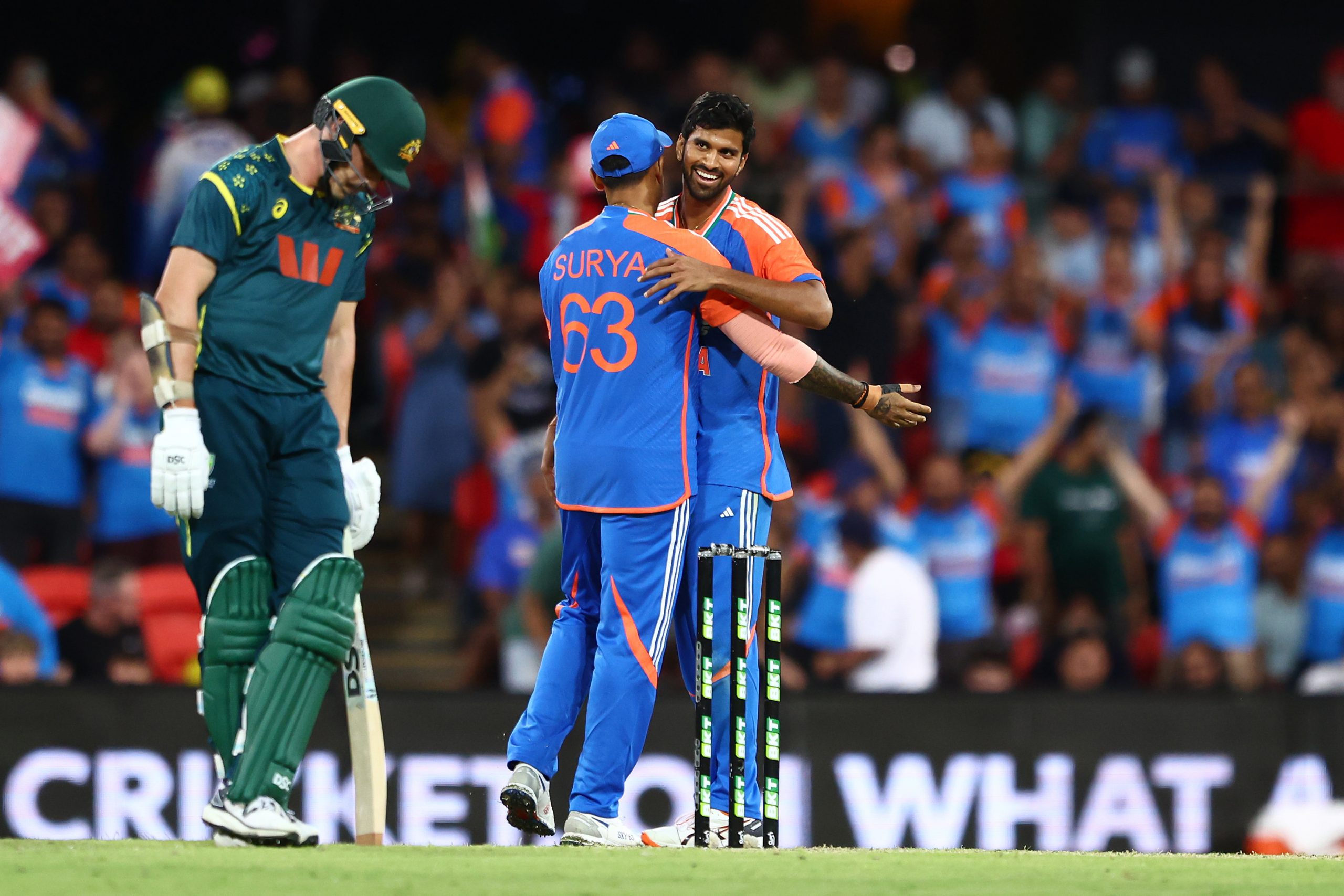 Washington Sundar of India celebrates after dismissing Marcus Stoinis of Australia during game four of the T20 International Series between Australia and India at People First Stadium on November 06, 2025 in Gold Coast, Australia. (Photo by Chris Hyde/Getty Images)