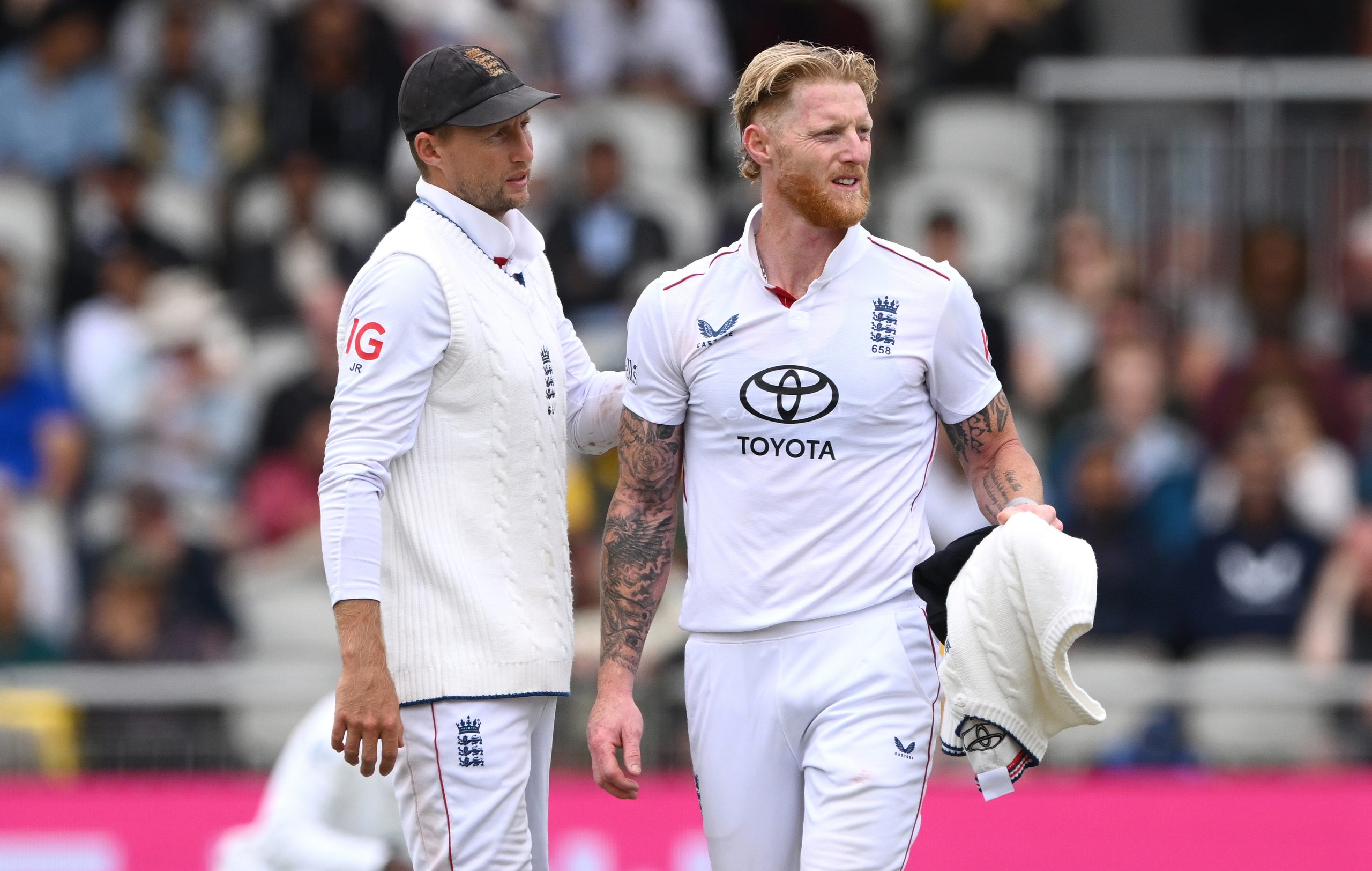 MANCHESTER, ENGLAND - JULY 27: England captain Ben Stokes reacts with Joe root after bowling during day five of the 4th Test Match between England and India at Emirates Old Trafford on July 27, 2025 in Manchester, England. (Photo by Stu Forster/Getty Images)