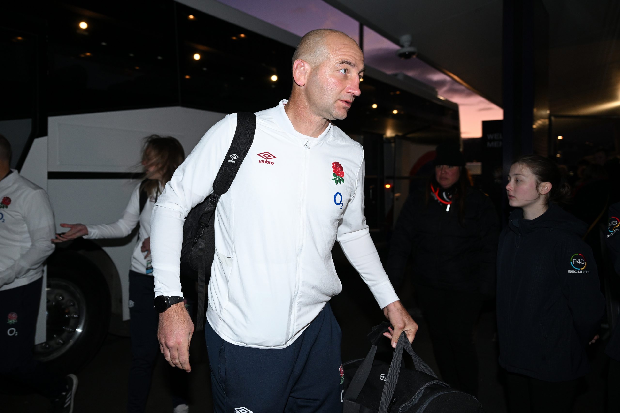 England coach Steve Borthwick arrives at Forsyth Barr Stadium in Dunedin.