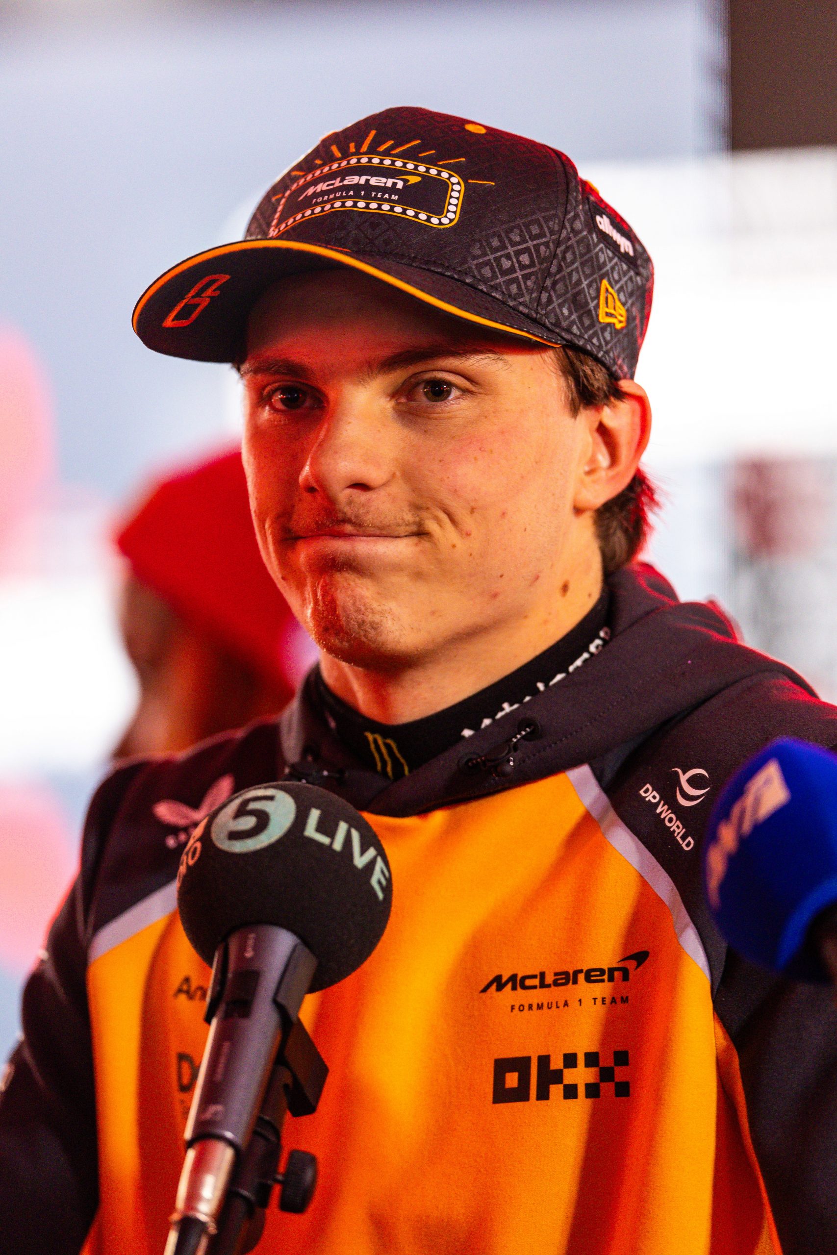 Oscar Piastri answers questions in the TV media pen following the Las Vegas Grand Prix.