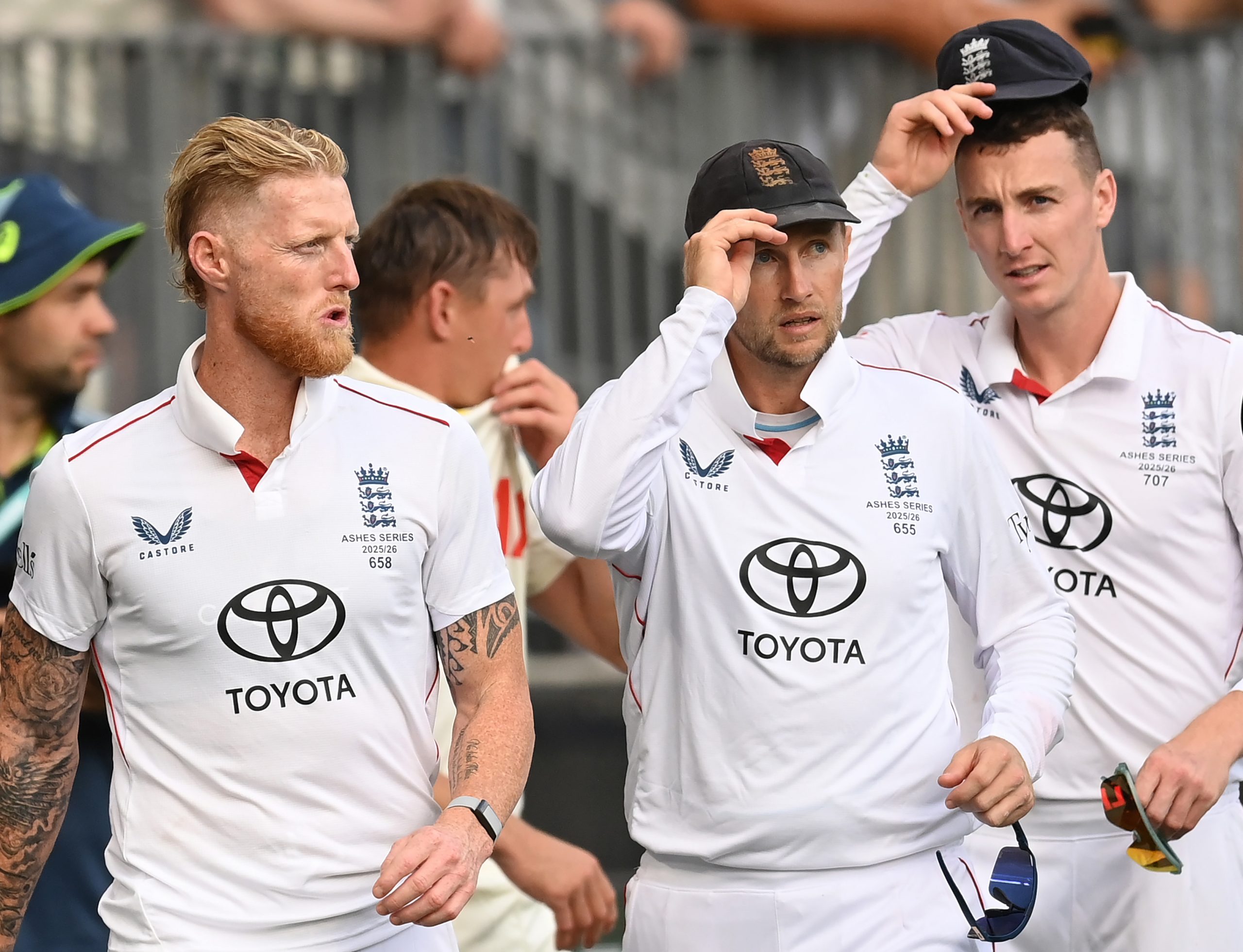 Ben Stokes, Joe Root and Harry Brook of England 