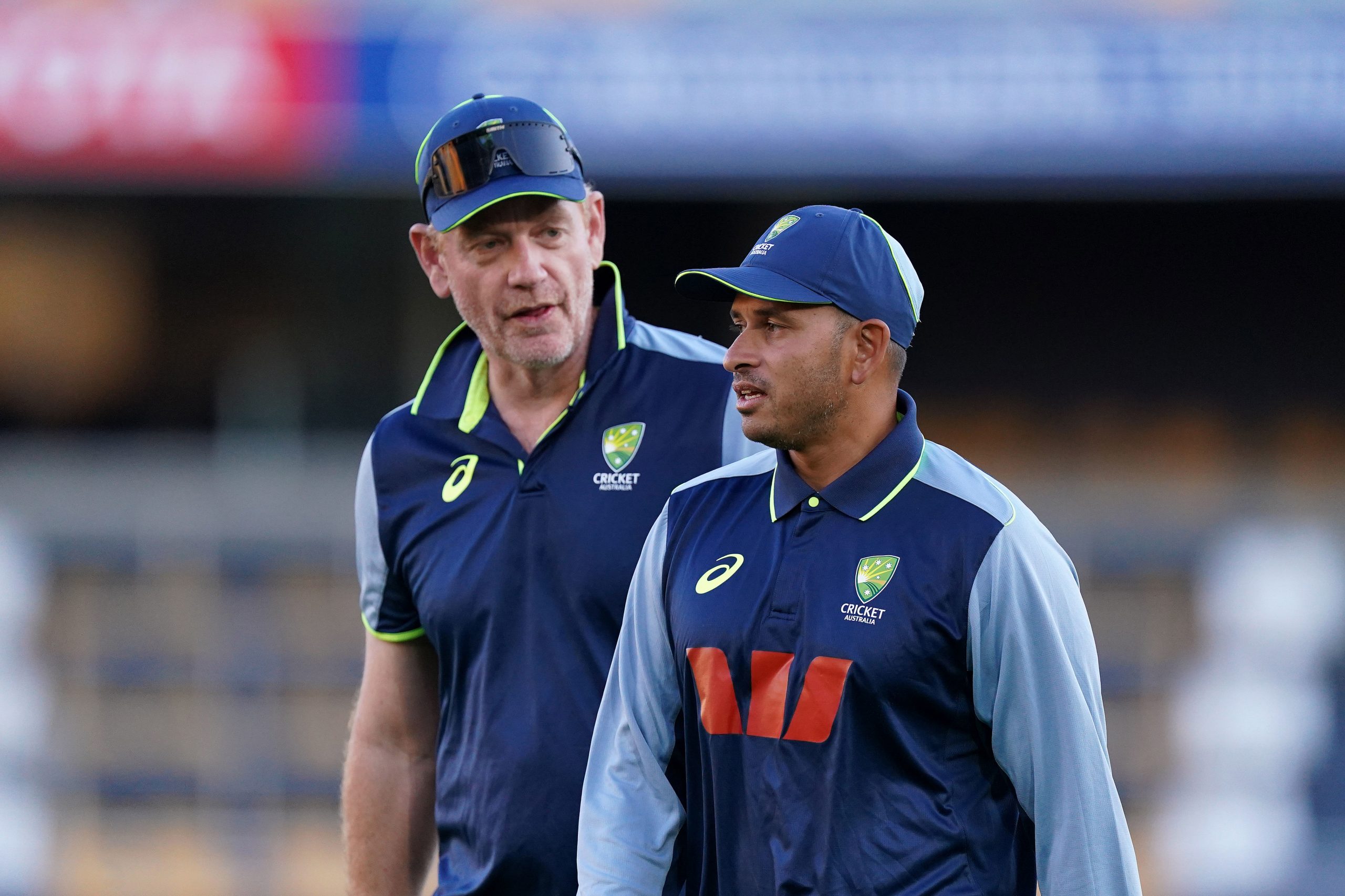 Australia's Usman Khawaja (right) speaks with Australia head coach Andrew McDonald (left) during a nets session at The Gabba, Brisbane, Australia. Picture date: Tuesday December 2, 2025. (Photo by Robbie Stephenson/PA Images via Getty Images)