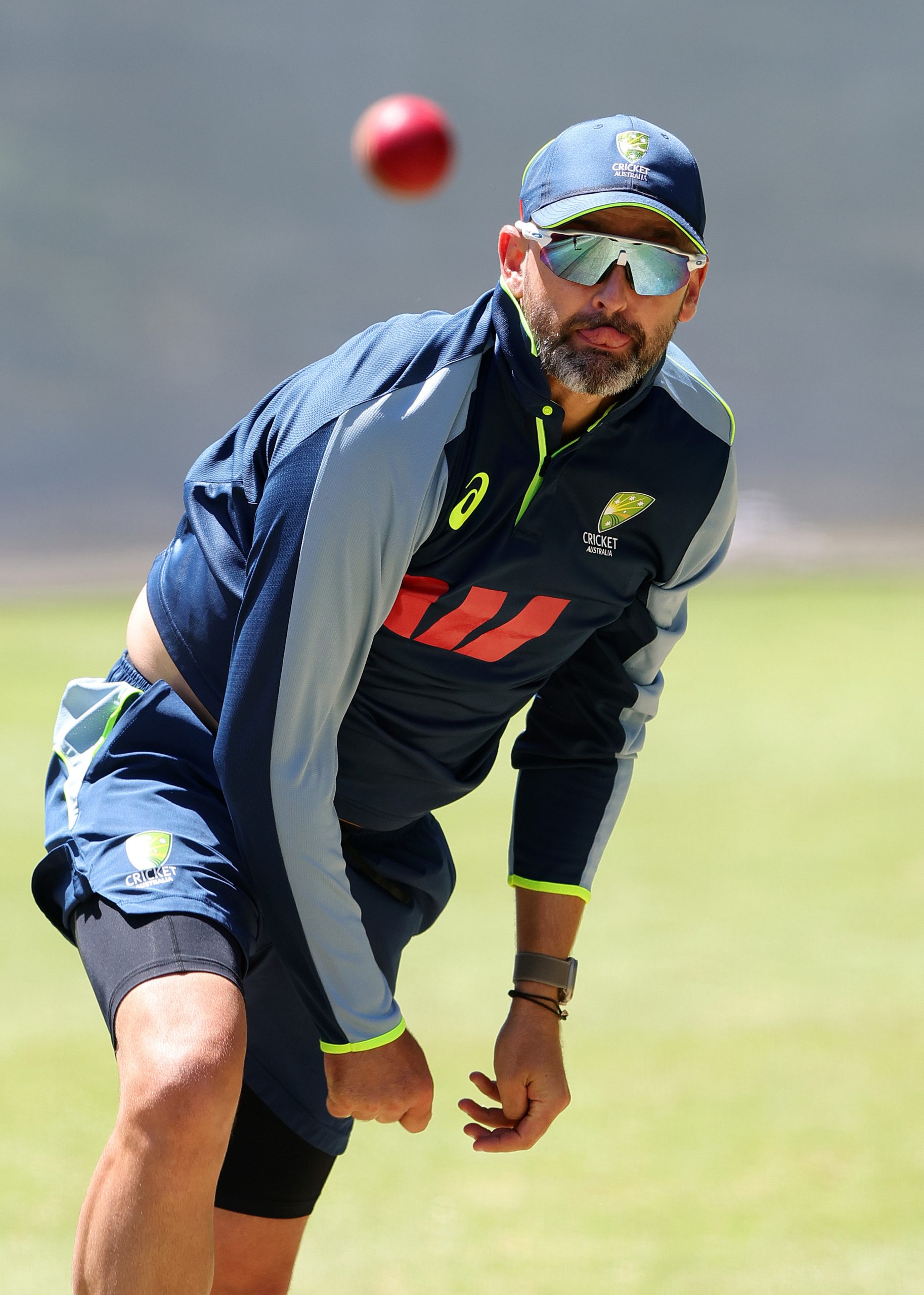 ADELAIDE, AUSTRALIA - DECEMBER 15: Nathan Lyon during an Australia nets session at Adelaide Oval on December 15, 2025 in Adelaide, Australia. (Photo by Sarah Reed/Getty Images)
