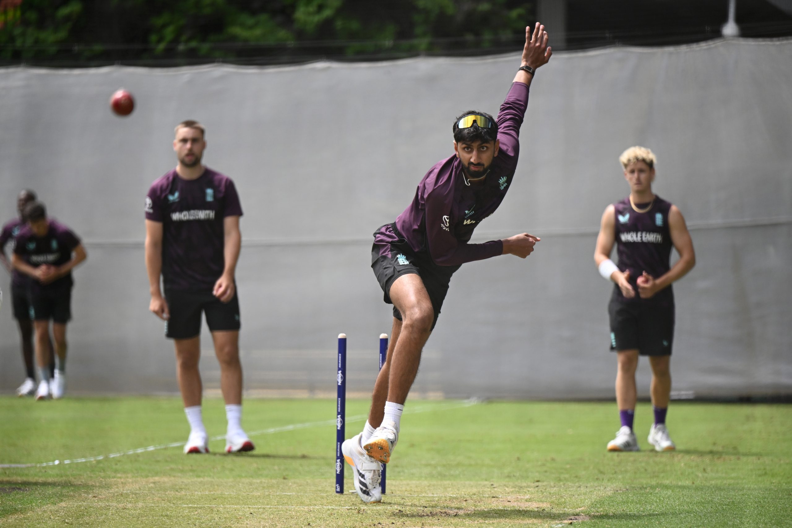 England off-spinner Shoaib Bashir bowling in the Adelaide Oval nets on Sunday.