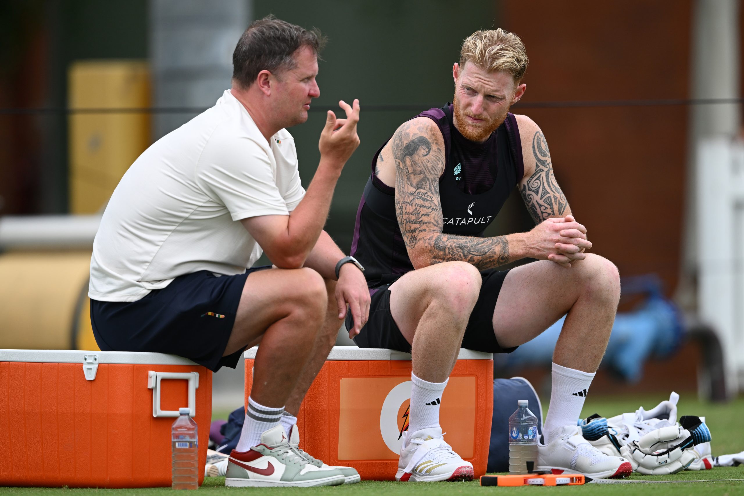England captain Ben Stokes speaks with director of cricket Rob Key.
