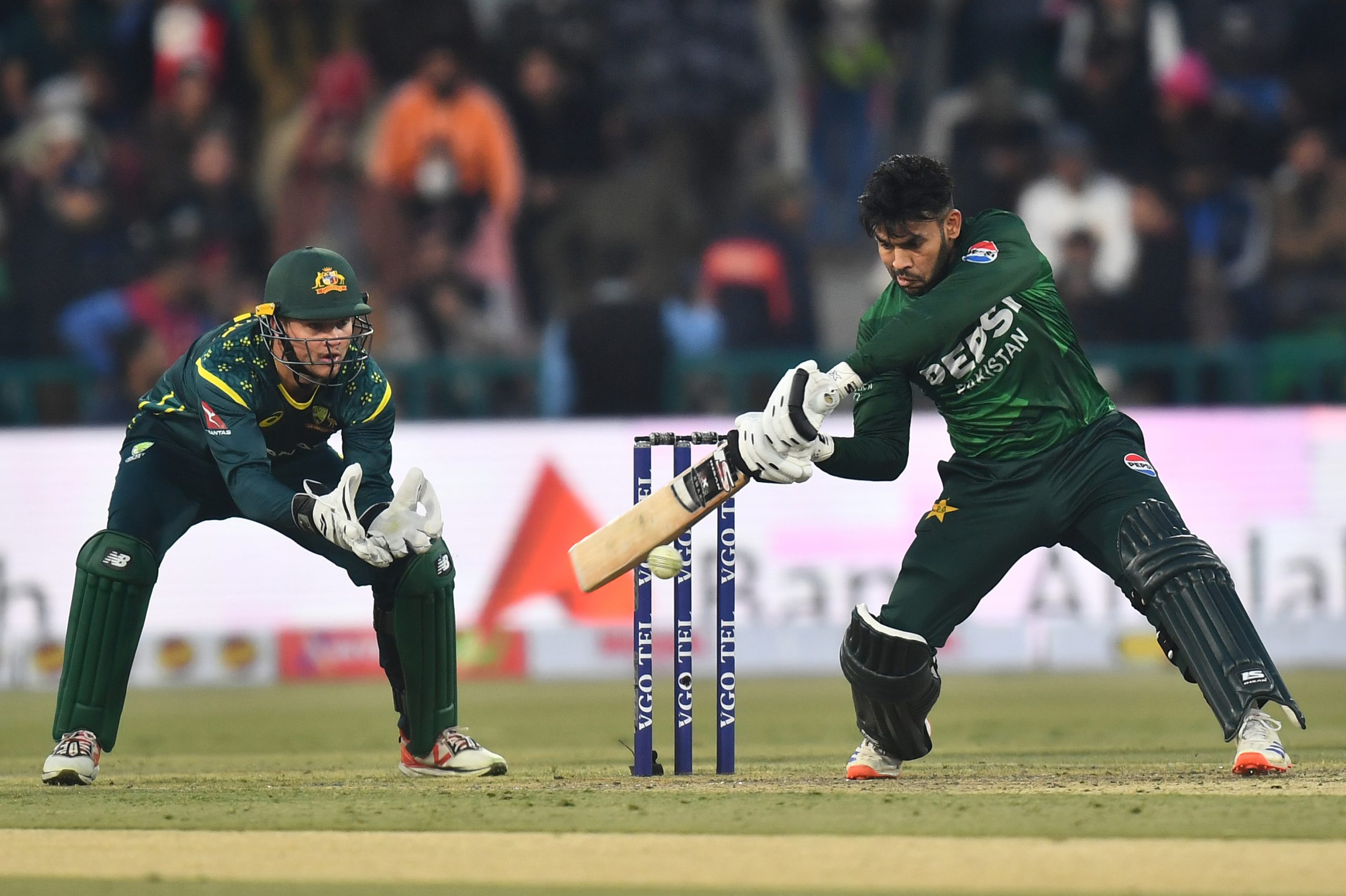 Usman Khan of Pakistan bats during the T20 International match between Pakistan and Australia at Gaddafi Stadium on January 29, 2026 in Lahore, Pakistan. (Photo by Sameer Ali/Getty Images)