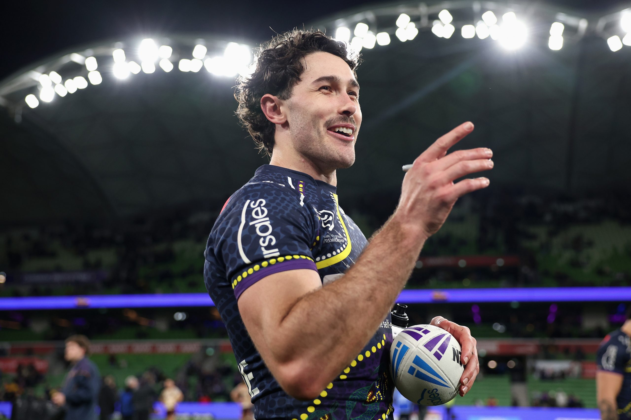 Nick Meaney of the Storm thanks fans after winning the round 23 NRL match between Melbourne Storm and Brisbane Broncos at AAMI Park, on August 07, 2025, in Melbourne, Australia. (Photo by Morgan Hancock/Getty Images)