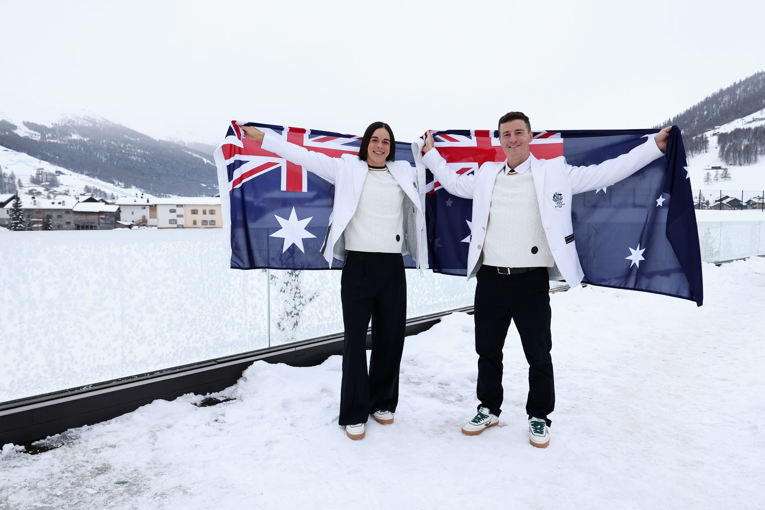 LIVIGNO, ITALY - FEBRUARY 04: Milano Cortina 2026 Winter Olympics Australian flag bearers Jakara Anthony and Matt Graham pose during an Australian Olympic team function at Casa Italia on February 04, 2026 in Livigno, Italy.  (Photo by Cameron Spencer/Getty Images)