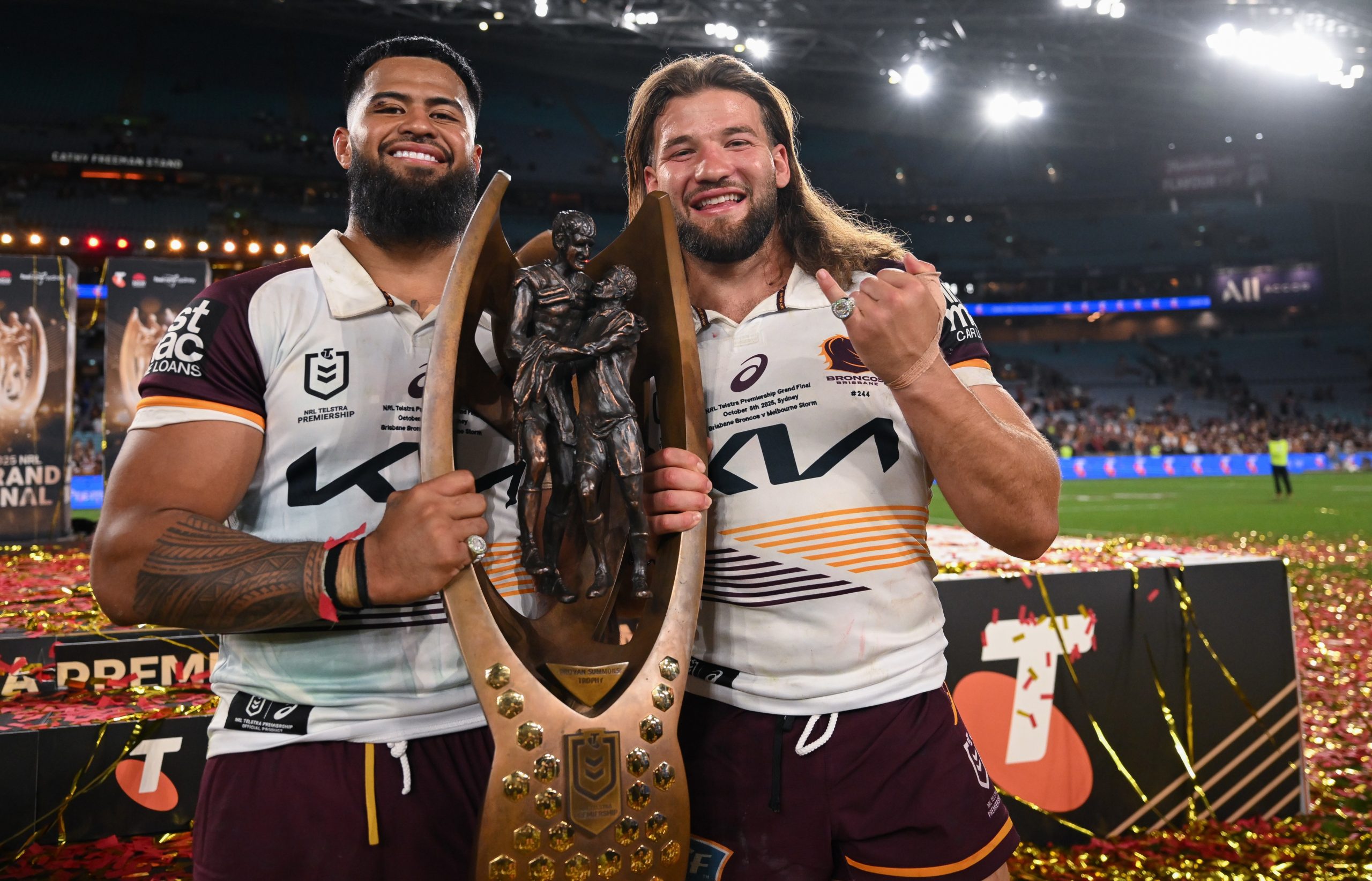 Payne Haas (left) and Patrick Carrigan after the 2025 NRL grand final.