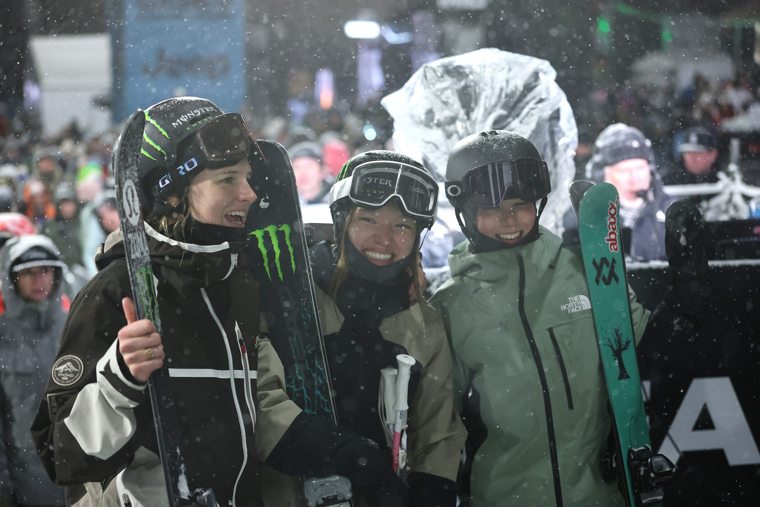 The women's ski superpipe podium on day one of X Games Aspen 2026, featuring bronze medallist Cassie Sharpe, gold medallist Zoe Atkin and silver medallist Indra Brown.