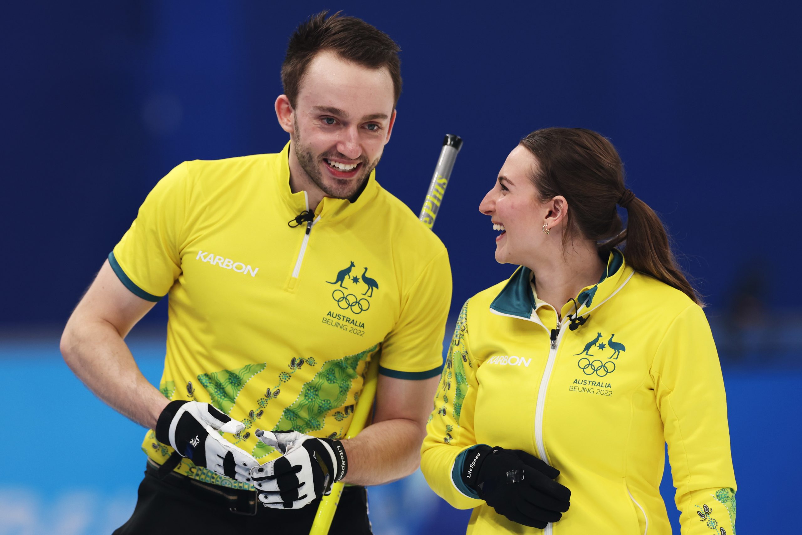 BEIJING, CHINA - FEBRUARY 06: Dean Hewitt and Tahli Gill of Team Australia celebrate their victory against Team Canada during the Curling Mixed Doubles Round Robin on Day 2 of the Beijing 2022 Winter Olympics at National Aquatics Centre on February 06, 2022 in Beijing, China. (Photo by Lintao Zhang/Getty Images)