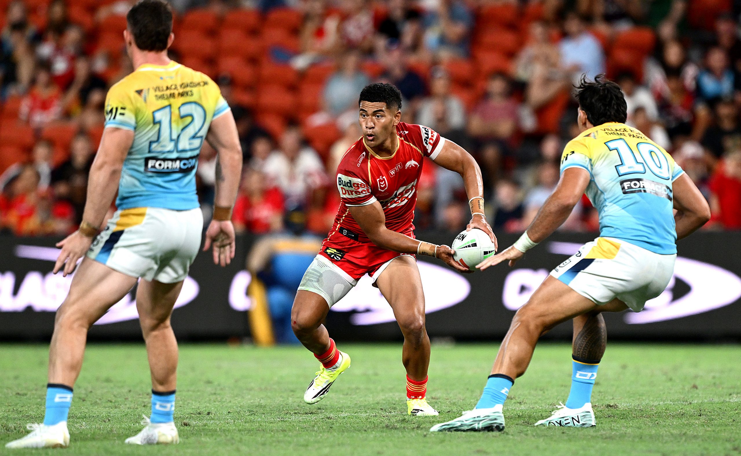BRISBANE, AUSTRALIA - MARCH 15: Isaiya Katoa of the Dolphins in action during the round two NRL match between Dolphins and Gold Coast Titans at Suncorp Stadium, on March 15, 2026, in Brisbane, Australia. (Photo by Bradley Kanaris/Getty Images)