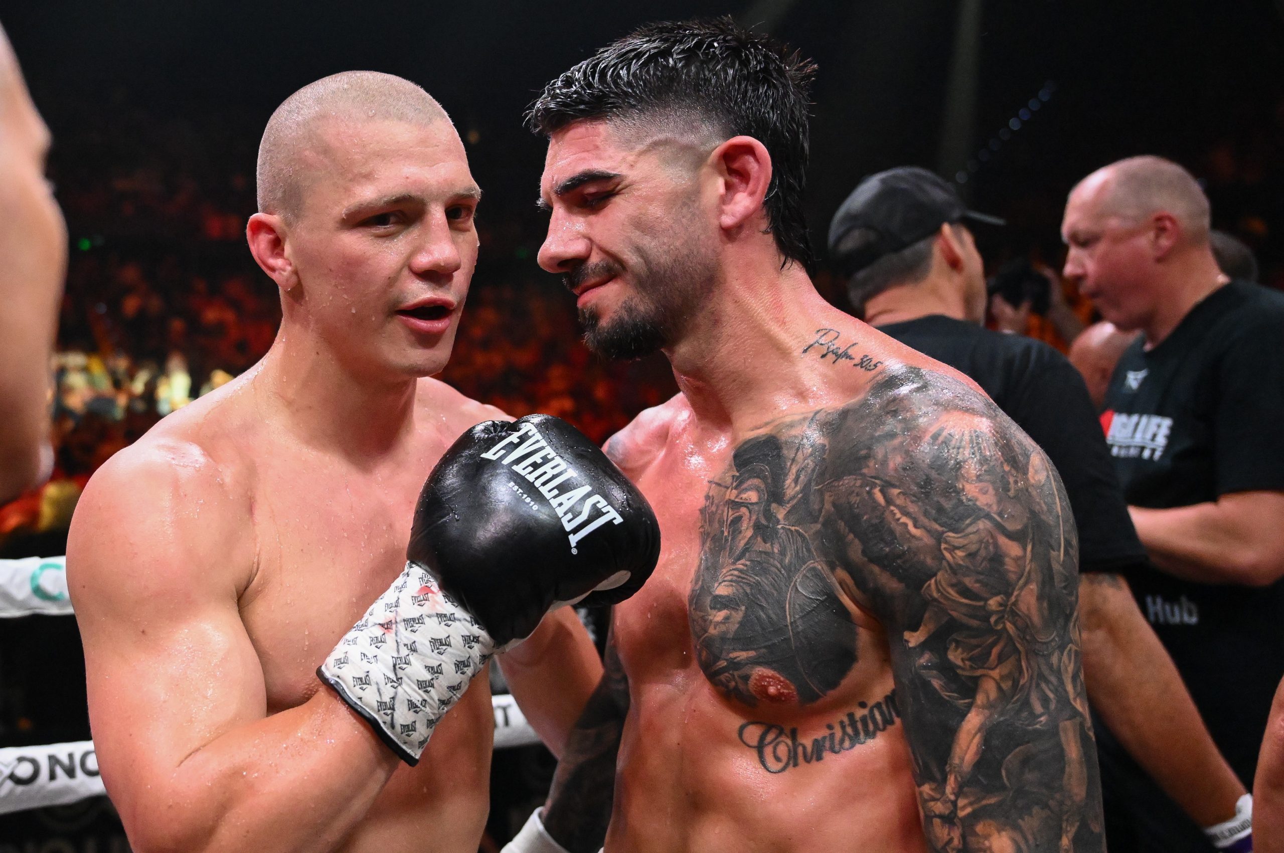 Nikita Tszyu (left) and Michael Zerafa chat after the non-result.