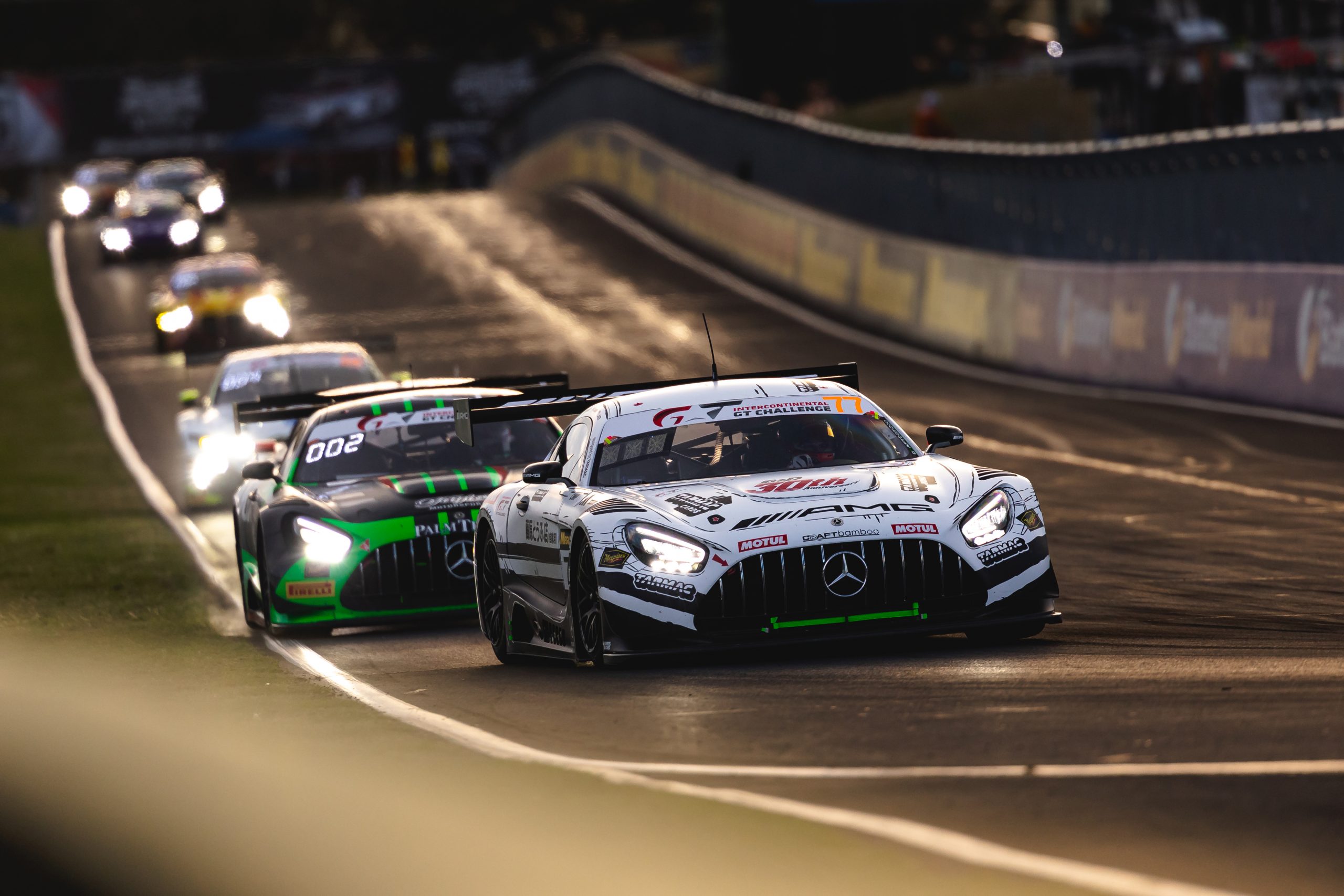 #77 Maximilian Götz, Ralf Aron, and Lucas Auer drivers of Mercedes-AMG Team Craft Bamboo Racing Mercedes-AMG GT3 EVO during the Bathurst 12 Hour at Mount Panorama on February 15, 2026 in Bathurst, Australia. (Photo by Daniel Kalisz/Getty Images)