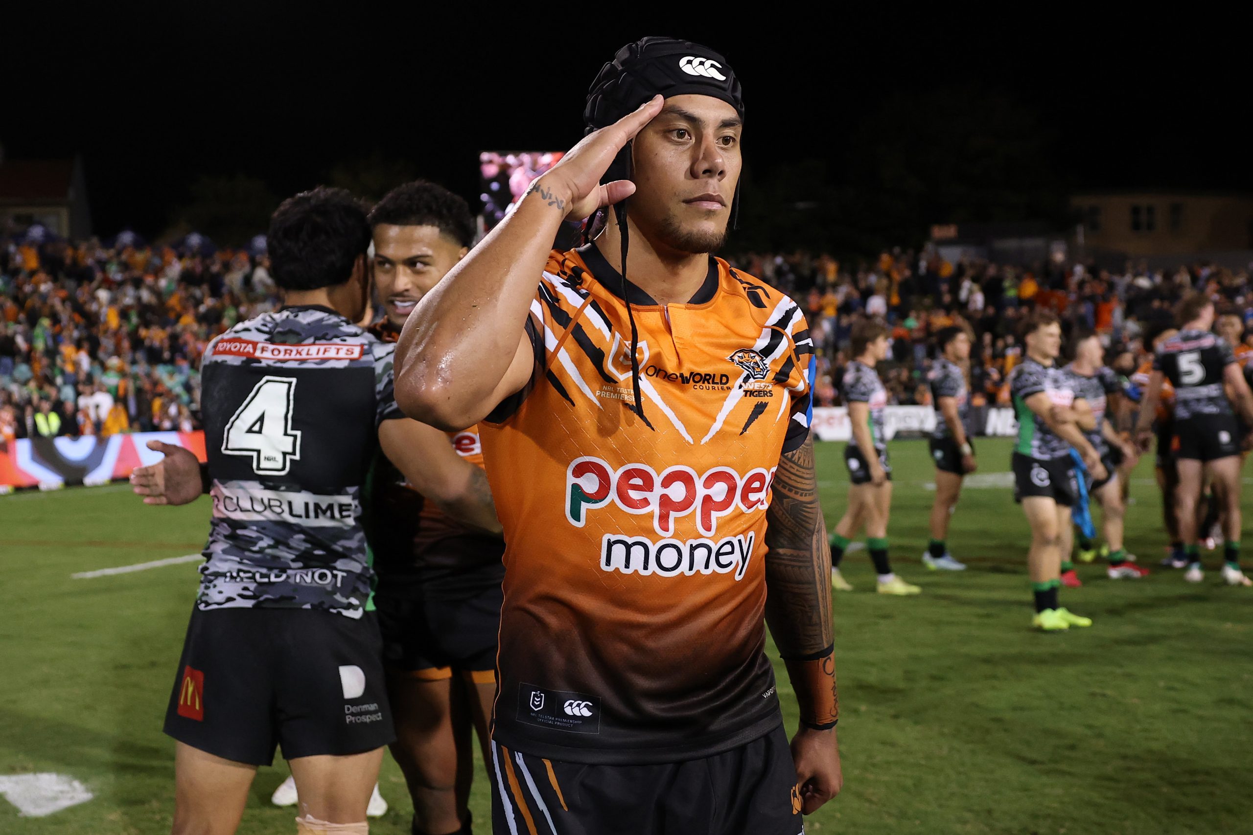 SYDNEY, AUSTRALIA - APRIL 23: Jarome Luai of the Wests Tigers celebrates after winning the round eight NRL match between the Wests Tigers and Canberra Raiders at Leichhardt Oval on April 23, 2026 in Sydney, Australia. (Photo by Cameron Spencer/Getty Images)