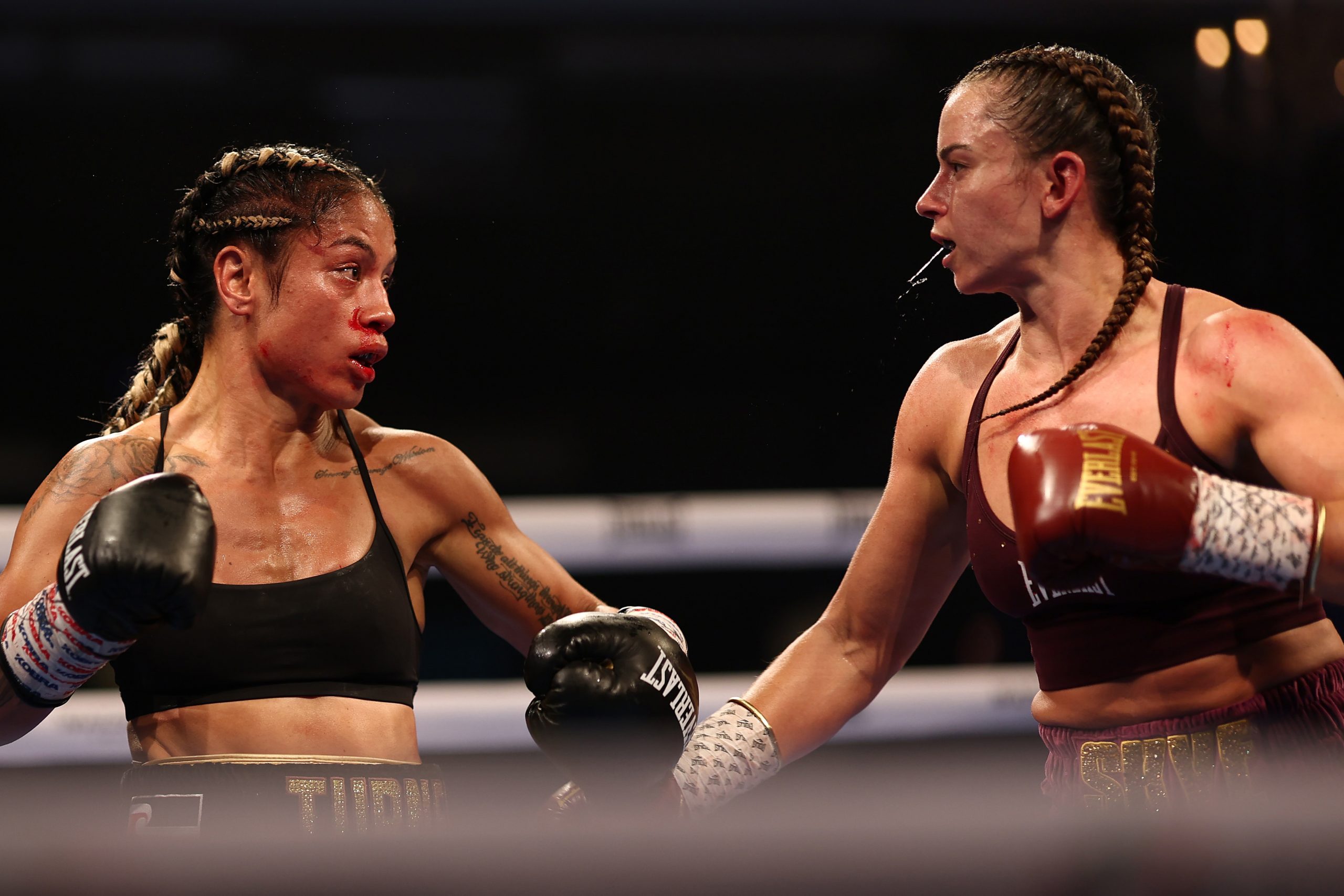 MELBOURNE, AUSTRALIA - APRIL 29: Skye Nicolson and Mariah Turner exchange punches during the WBC Interim World Super Bantamweight Title at Melbourne Pavilion on April 29, 2026 in Melbourne, Australia. (Photo by Morgan Hancock/Getty Images)