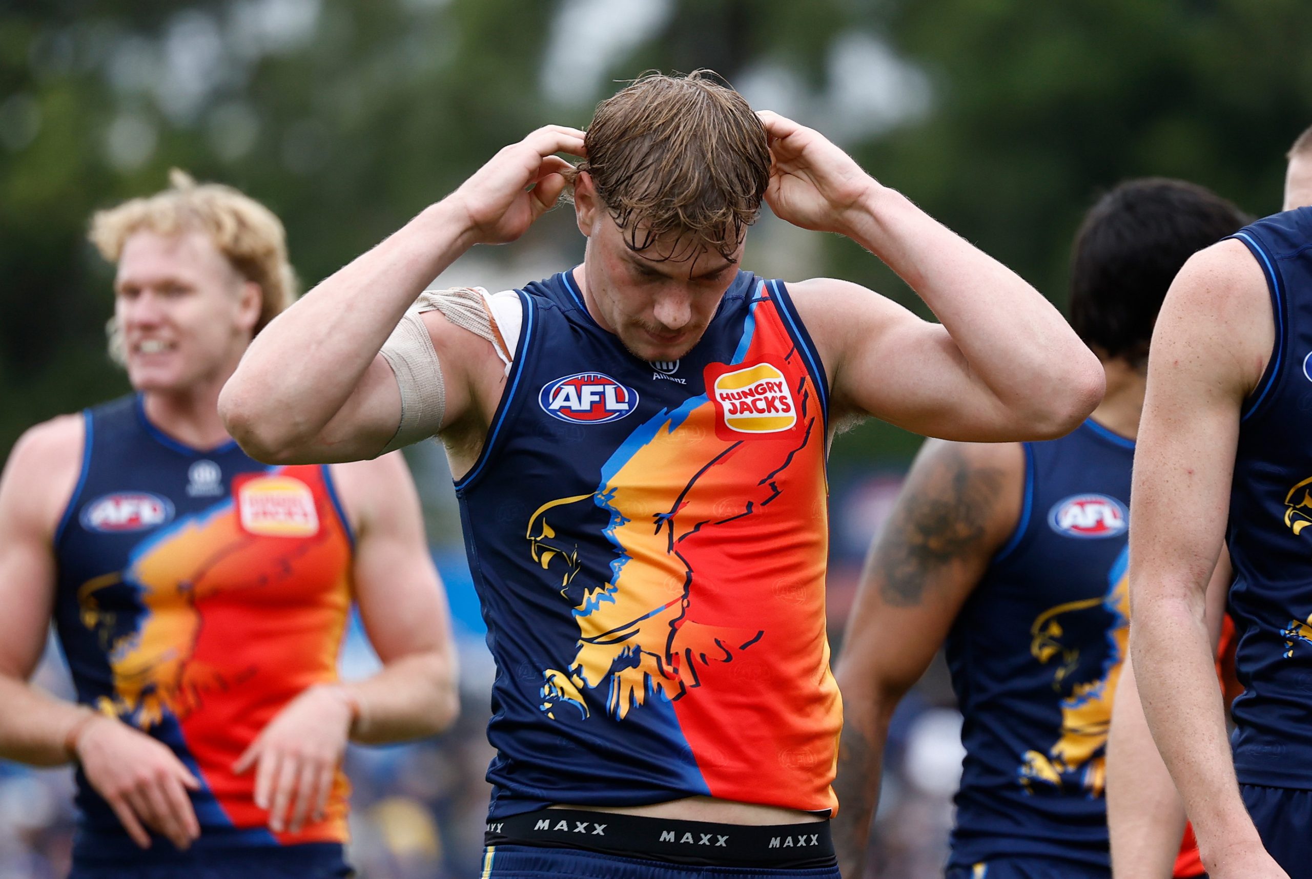 ADELAIDE, AUSTRALIA - APRIL 11: Harley Reid of the Eagles looks dejected after a loss during the 2026 AFL Round 05 match between the Geelong Cats and the West Coast Eagles at Norwood Oval on April 11, 2026 in Adelaide, Australia. (Photo by Michael Willson/AFL Photos via Getty Images)