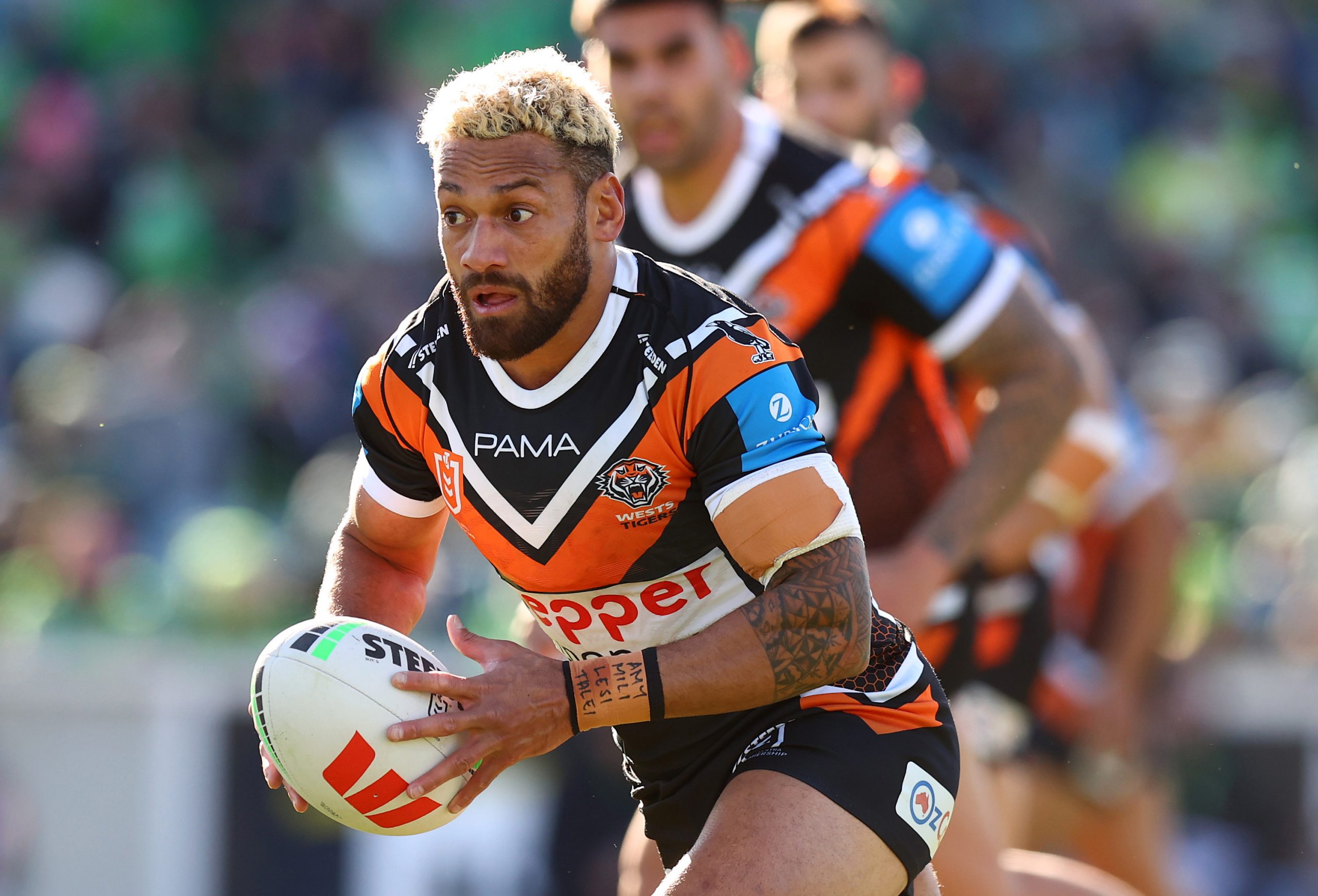 CANBERRA, AUSTRALIA - AUGUST 30: Apisai Koroisau of the Tigers in action during the round 26 NRL match between Canberra Raiders and Wests Tigers at GIO Stadium, on August 30, 2025, in Canberra, Australia. (Photo by Mark Nolan/Getty Images)