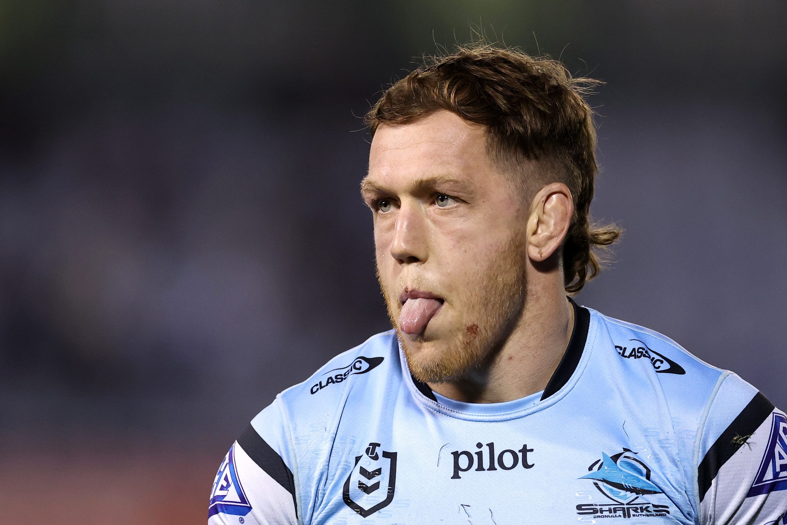 Cameron McInnes of the Sharks warms up before round 15 NRL match between the Cronulla Sharks and St George Illawarra Dragons at Sharks Stadium on June 12, 2025, in Sydney, Australia. (Photo by Cameron Spencer/Getty Images)