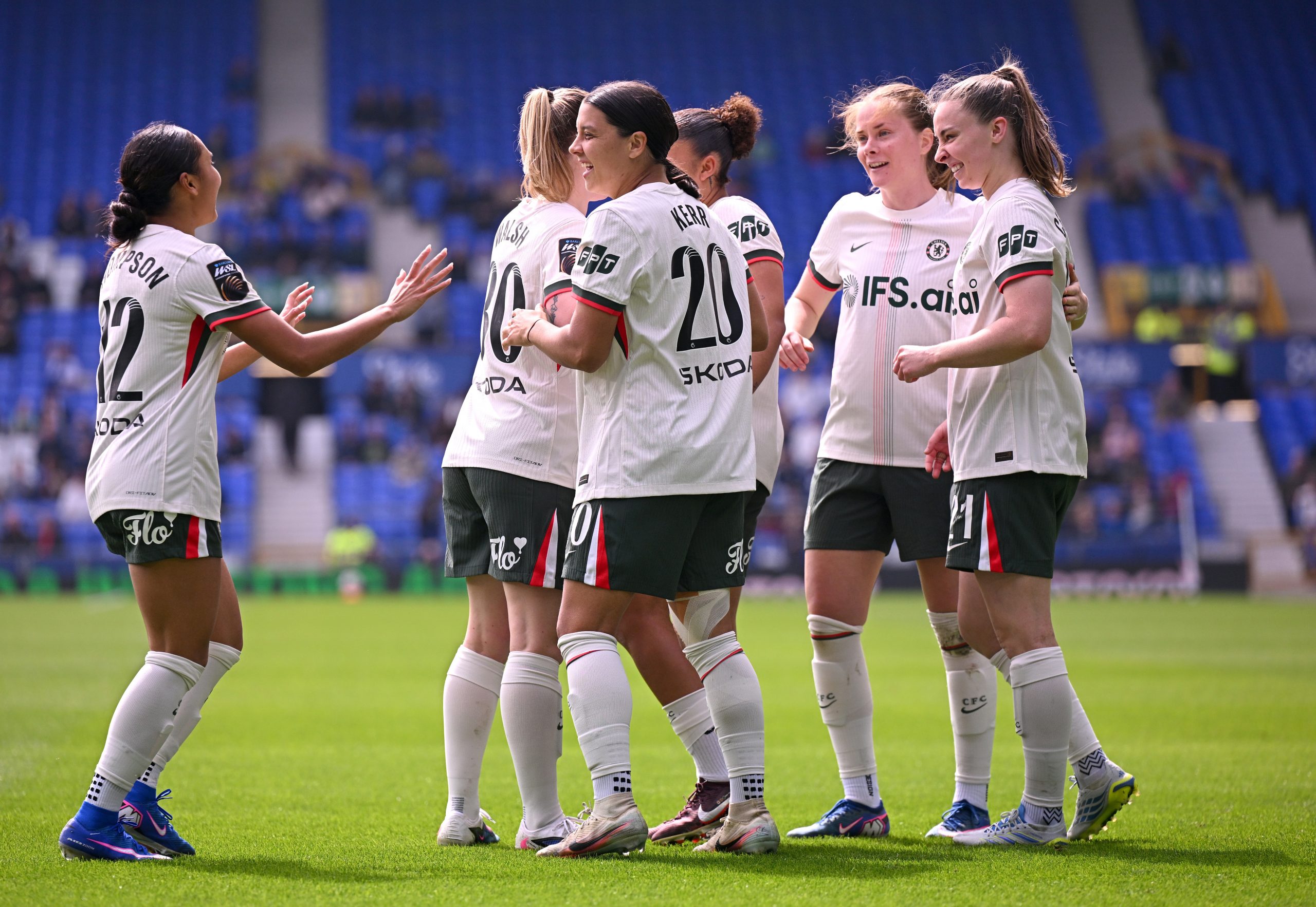 Sam Kerr of Chelsea (centre) celebrates scoring her team's second goal.