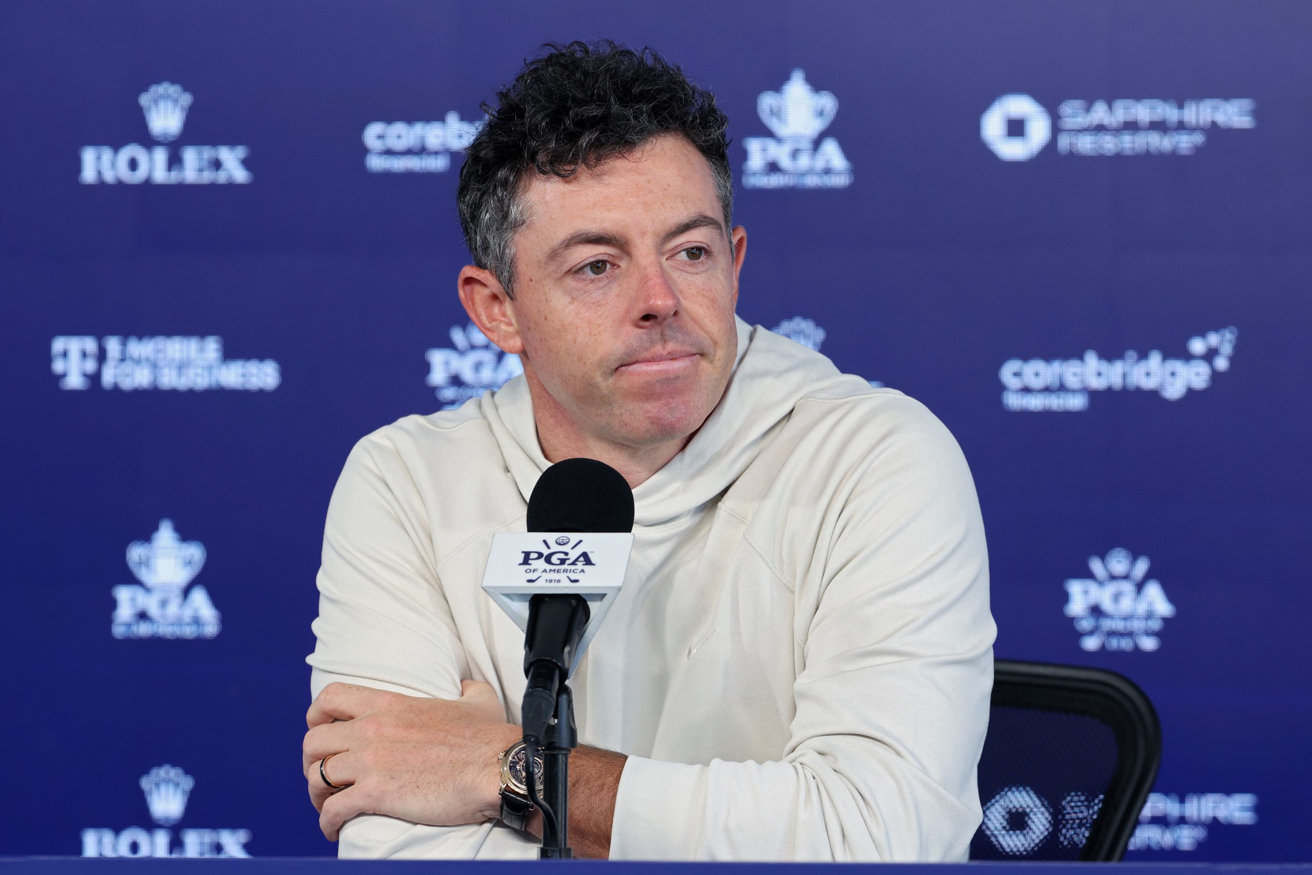 Rory McIlroy of Northern Ireland speaks to the media during a practice round prior to the PGA Championship at Aronimink Golf Club on May 12, 2026 in Newtown, Pennsylvania. (Photo by Jamie Squire/Getty Images)