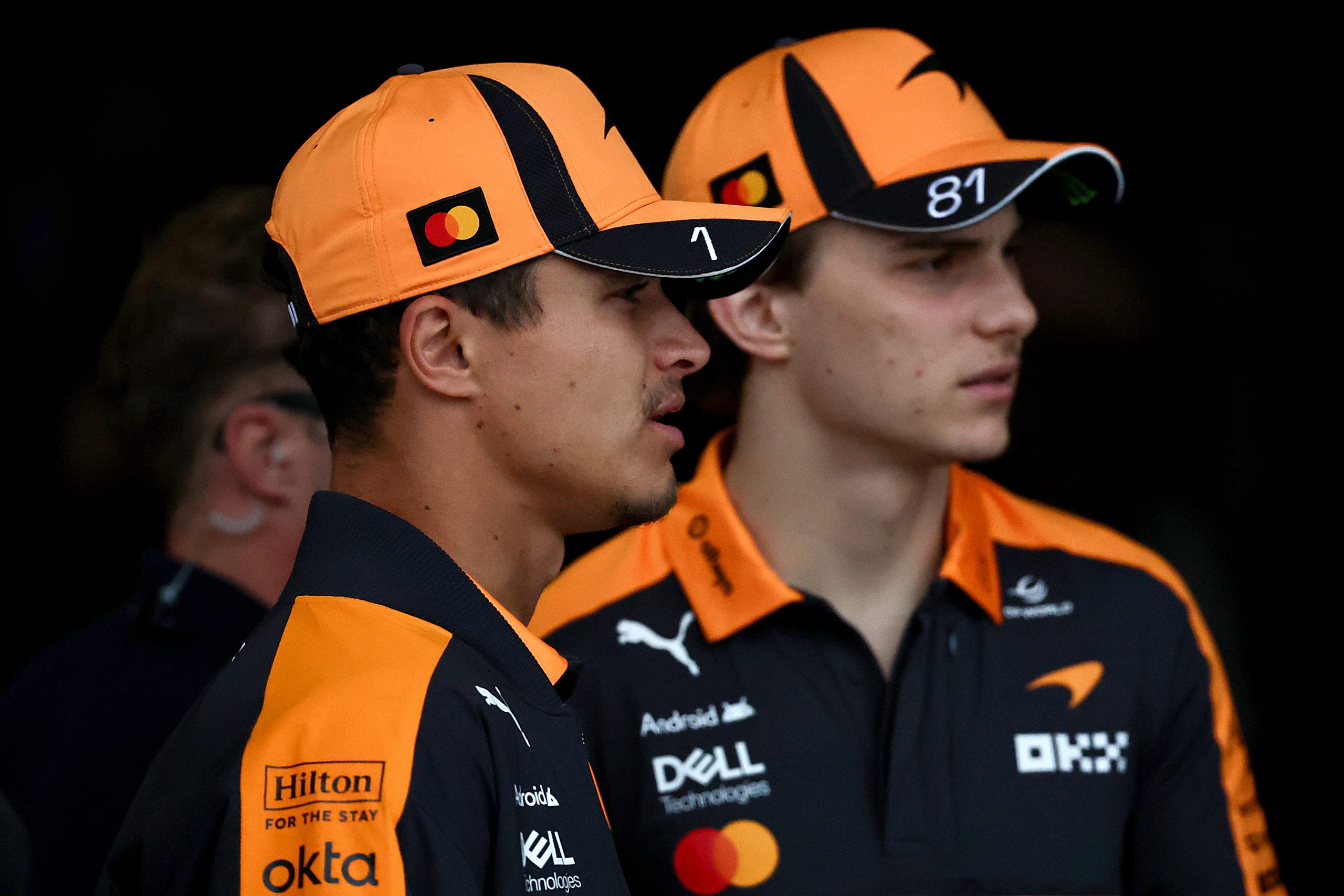 Lando Norris of Great Britain and McLaren and Oscar Piastri of Australia and McLaren look on prior to the F1 Grand Prix of Miami at Miami International Autodrome on May 03, 2026 in Miami, Florida. (Photo by Chris Graythen/Getty Images)