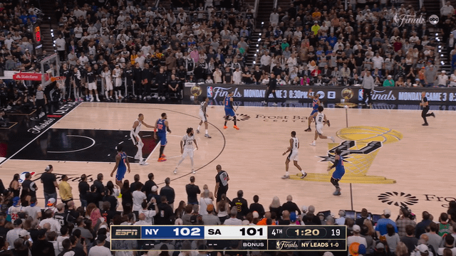 The final few possessions of Game 2 of the NBA Finals as the New York Knicks defeat the San Antonio Spurs 105-104 to take a 2-0 series lead. New York wins back-to-back NBA Finals games after trailing by 10+ points in each, and 13 straight playoff games, the second most in a single postseason.